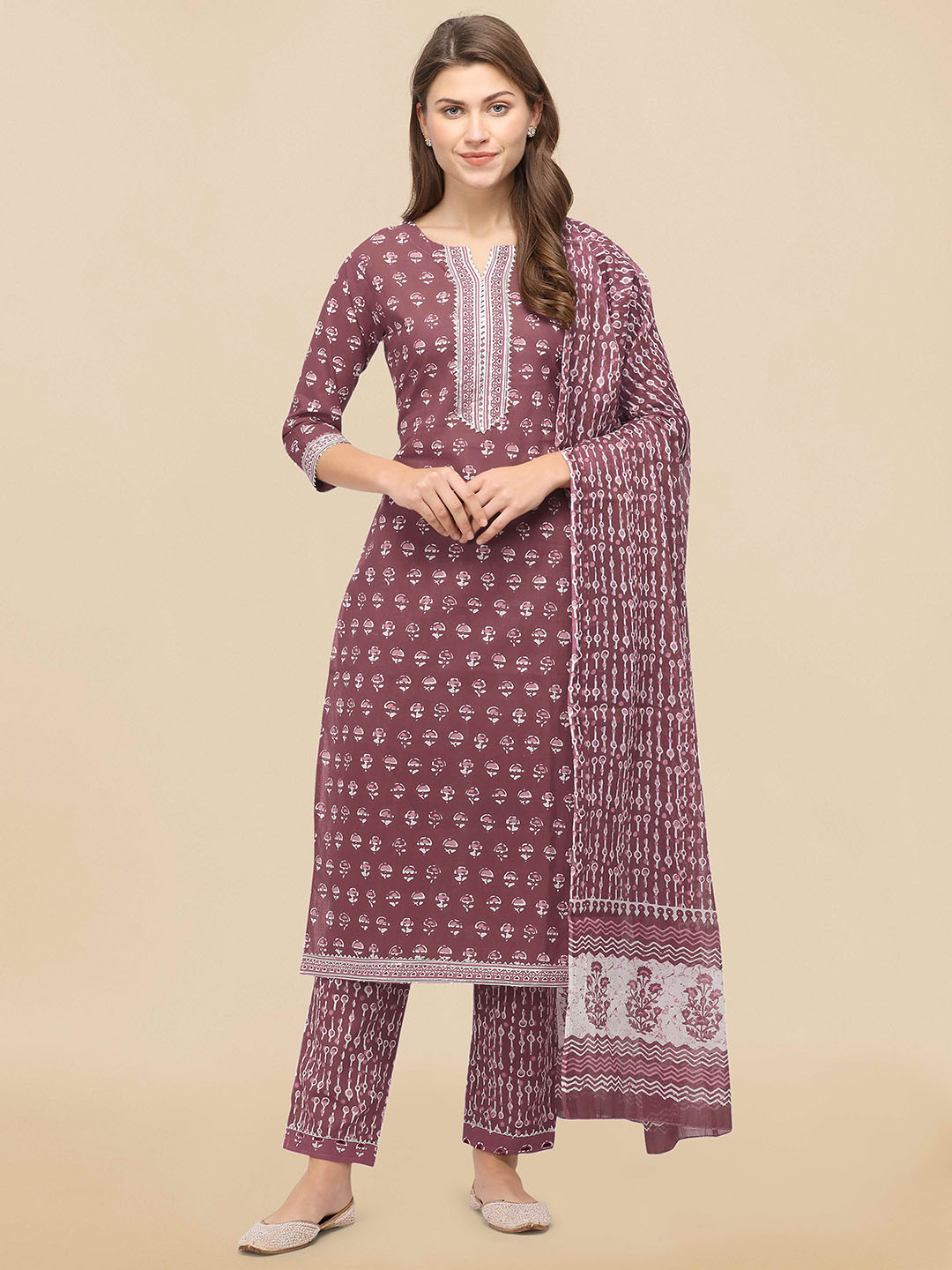 KALINI Women Pink & Off-White Printed Kurta with Trousers & Dupatta