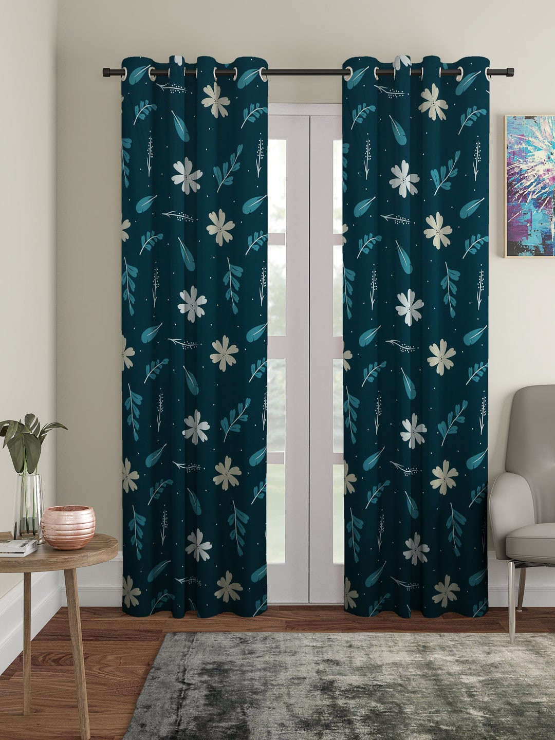 Cortina Teal Green Set of 2 Digital Printed Long Door Curtains