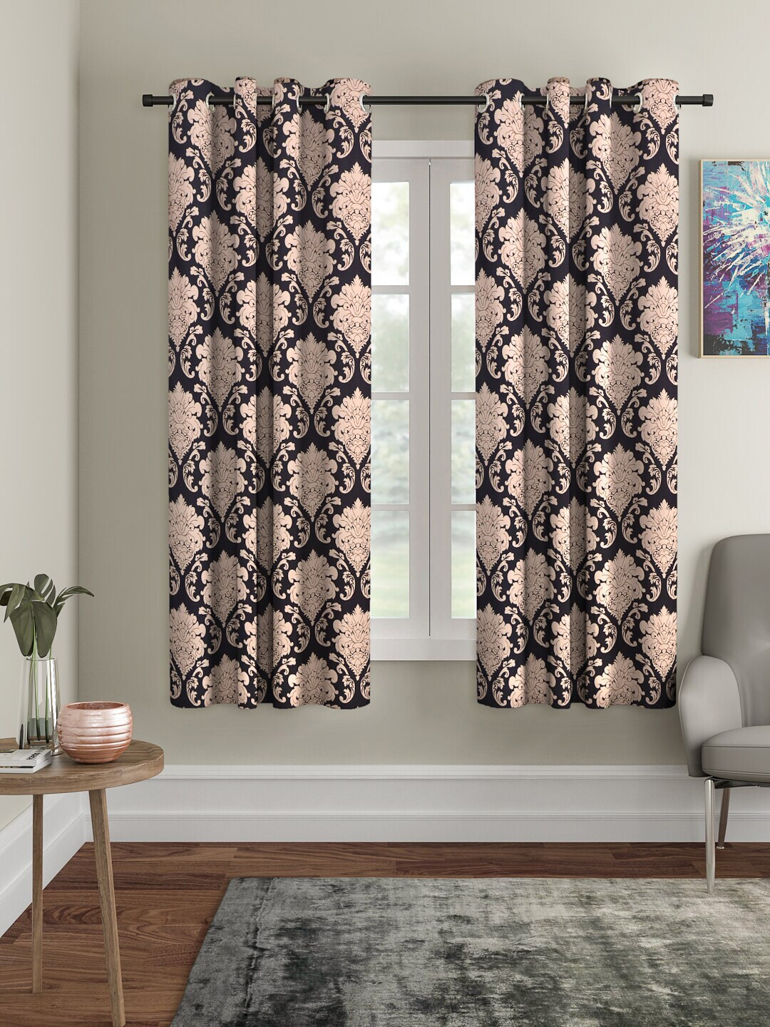 Cortina Black & Beige Set of 2 Digital Printed Window Curtains