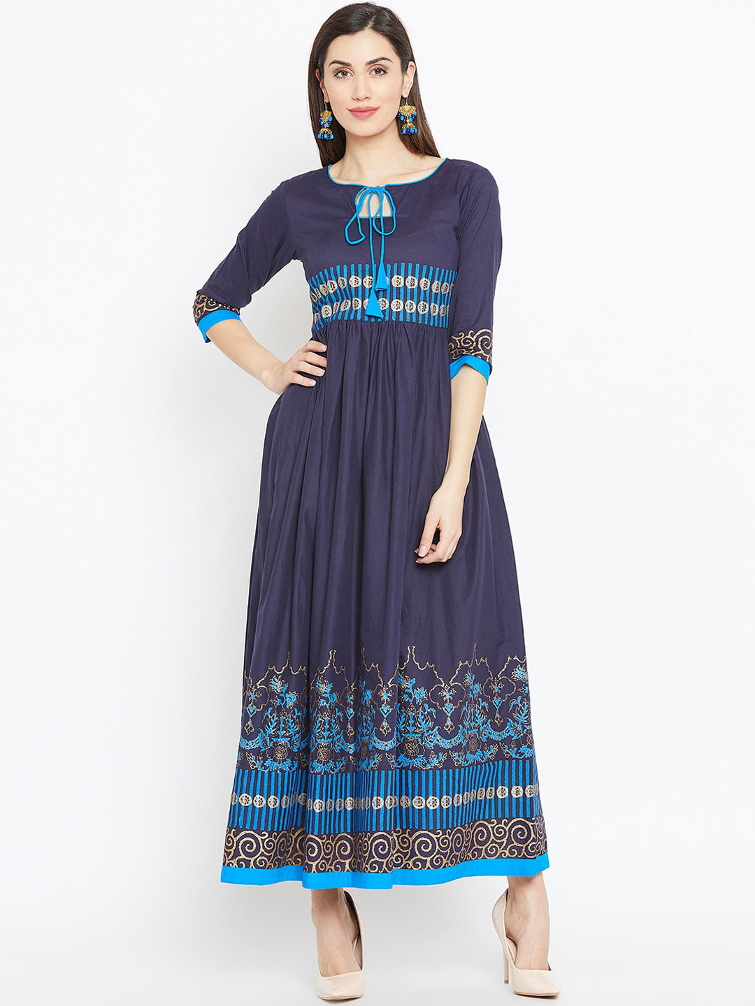 WineRed Women Blue Block Print Cotton Blend Flared Kurta