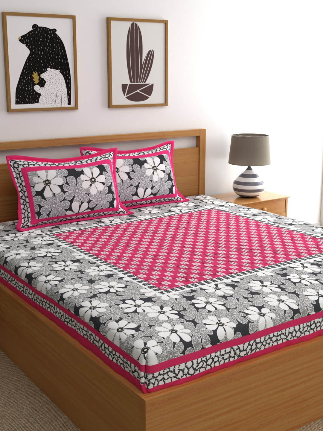 LA VERNE Passion Pink Floral Cotton 104 TC Queen Coarse Bedsheet with 2 Pillow Covers-94 x 87 inches