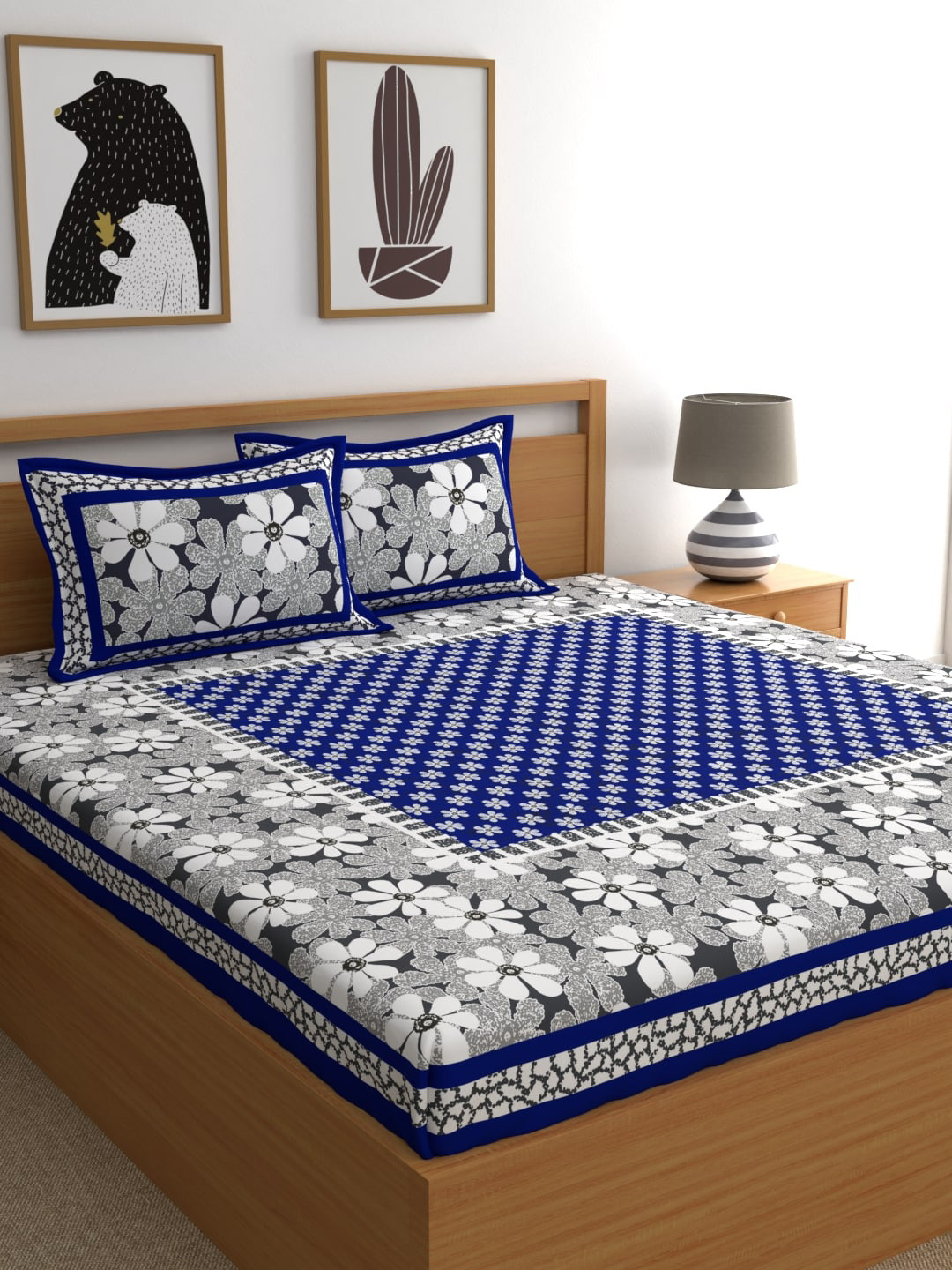 LA VERNE Frill_King_Dbs Blue Floral Cotton 104 TC Queen Coarse Bedsheet with 2 Pillow Covers-240 x 220 cm