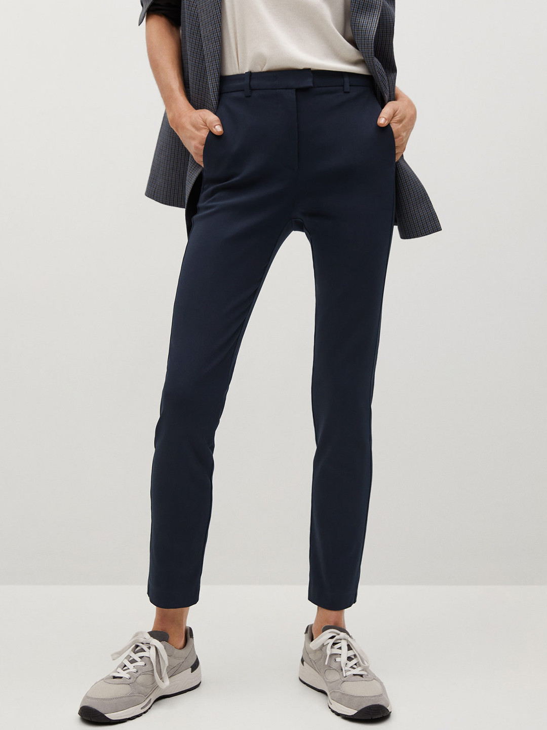 MANGO Women Teal Blue RegularSkinny Fit Solid Regular Cropped Trousers