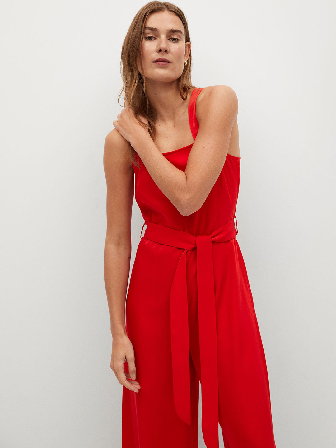 MANGO Women Red Solid Basic Jumpsuit with Belt