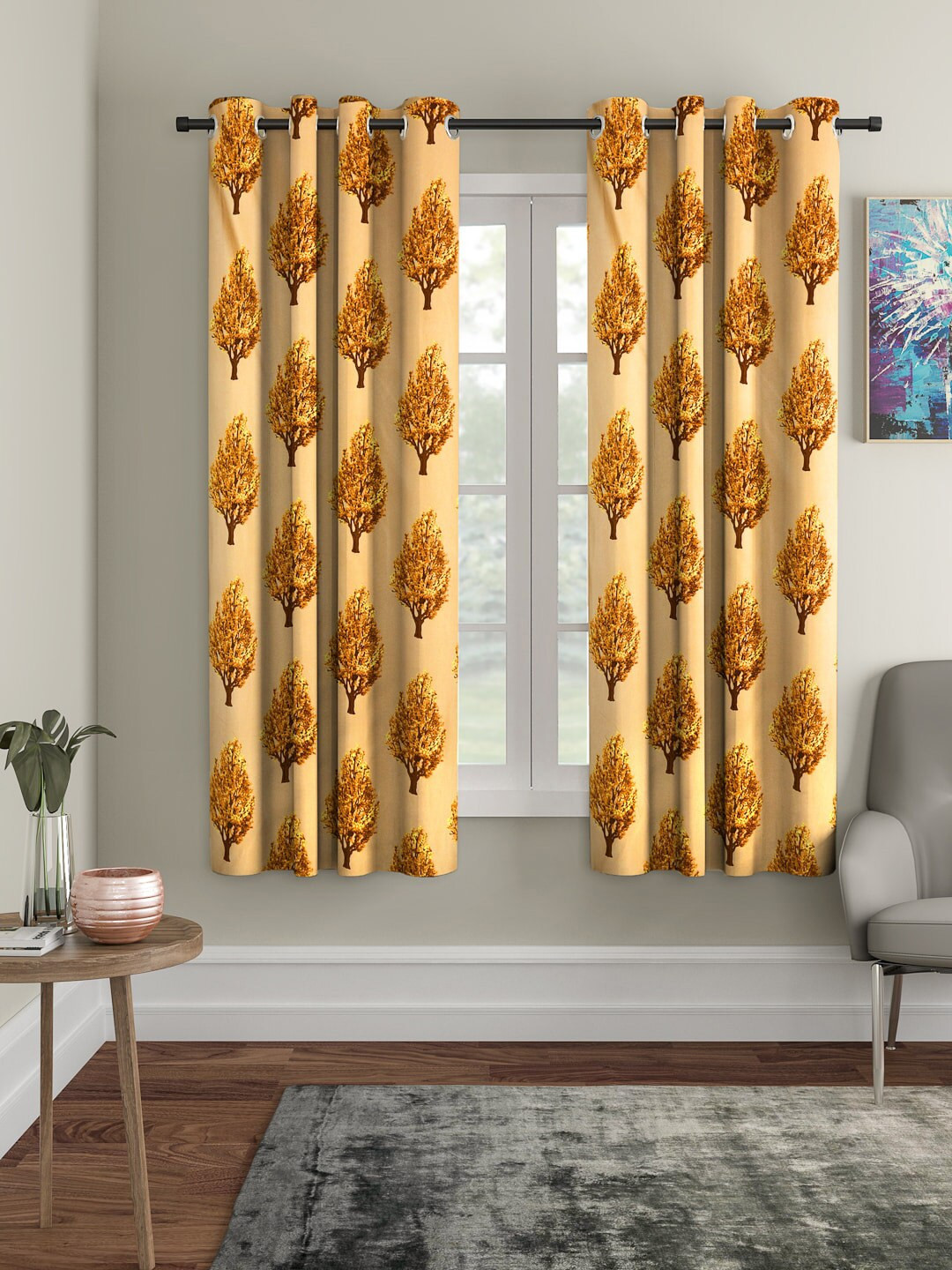 Cortina Beige & Golden Set of 2 Floral Printed Window Curtains
