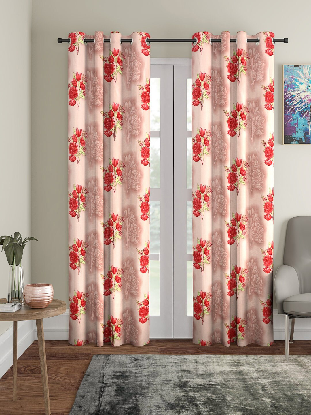 Cortina Set of 2 Peach-Coloured & Red Floral Printed Curtains