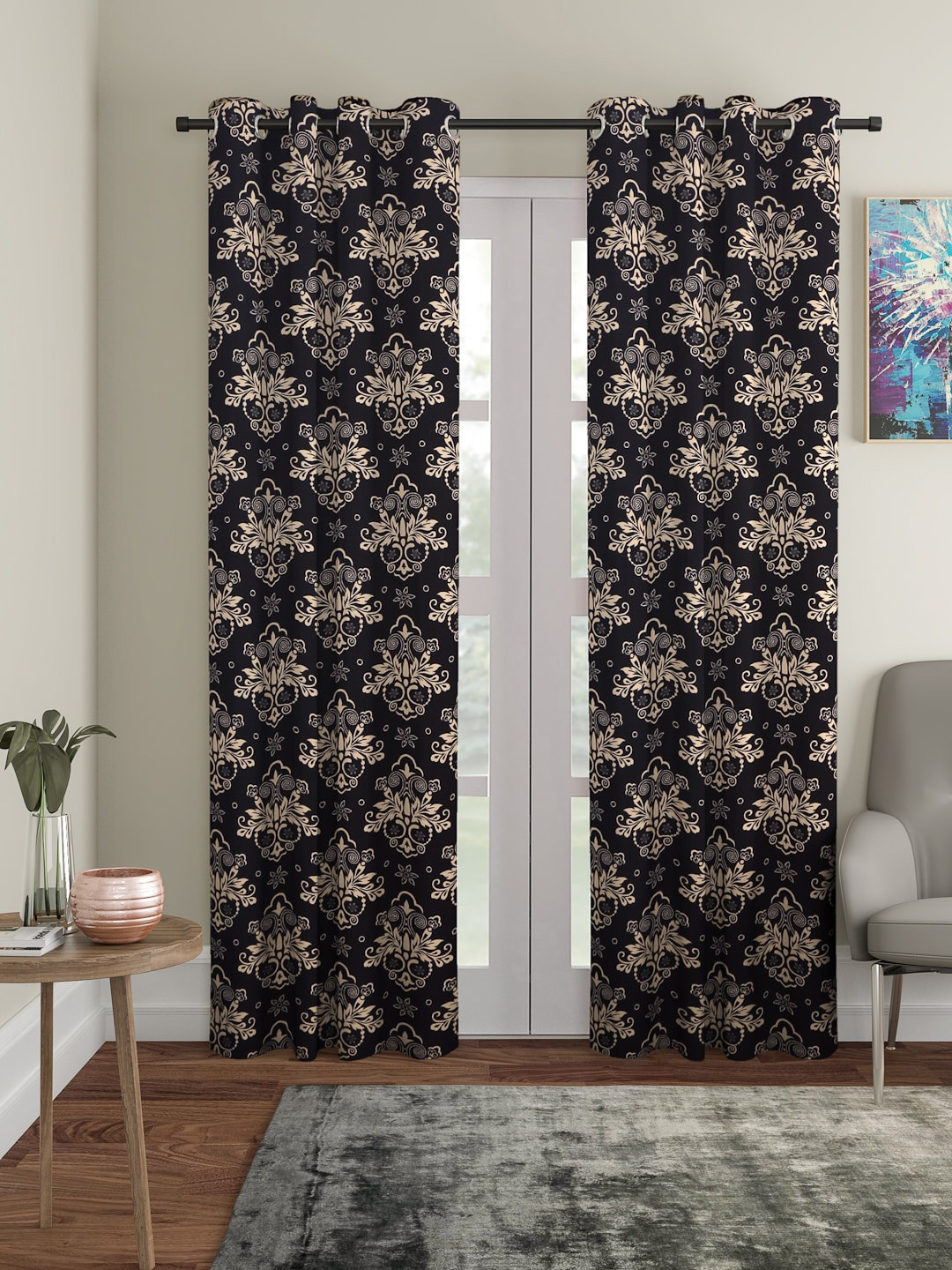 Cortina Beige & Black Set of 2 Printed Long Door Curtains