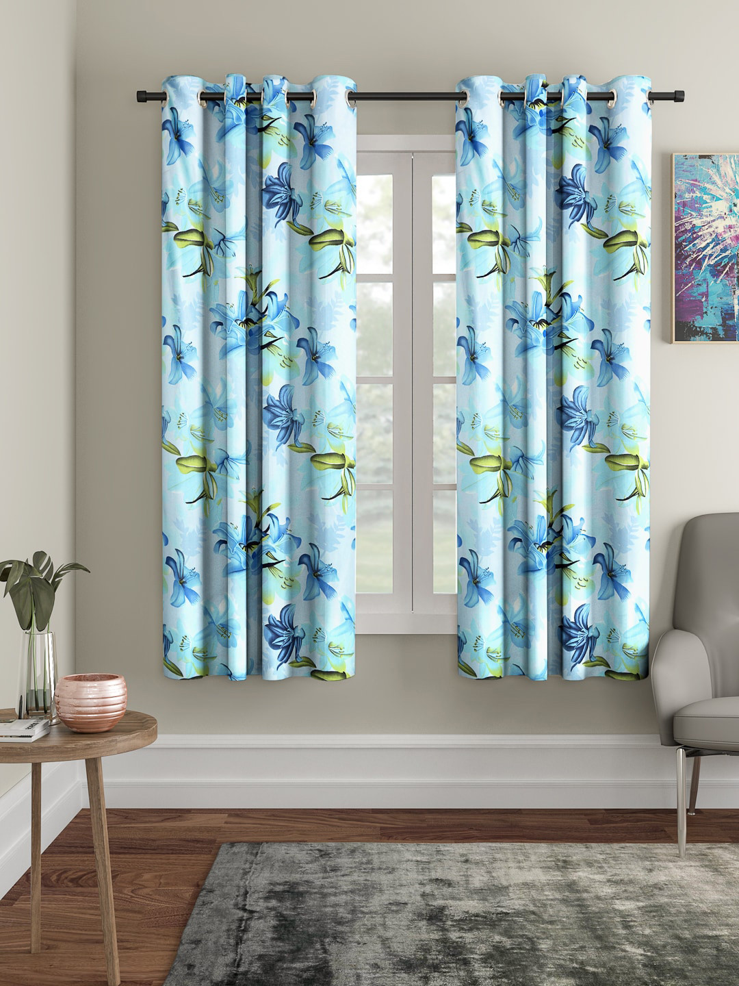 Cortina Set of 2 Light Blue Floral Printed Polyester Window Curtains