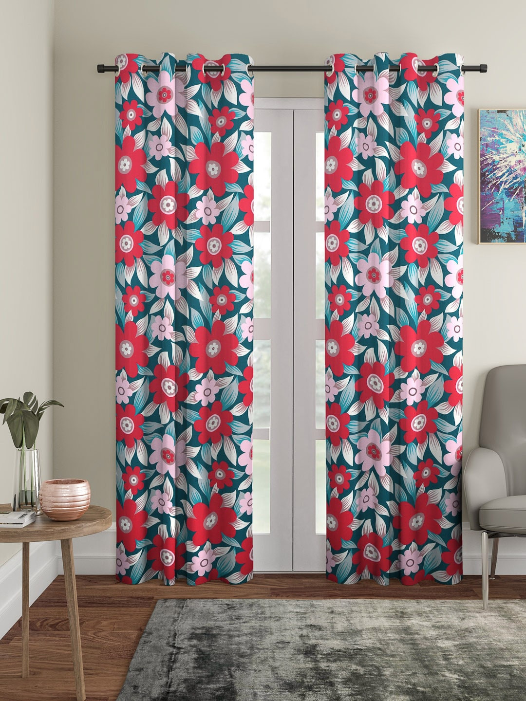 Cortina Teal Green & Pink Set of 2 Floral Printed Door Curtains