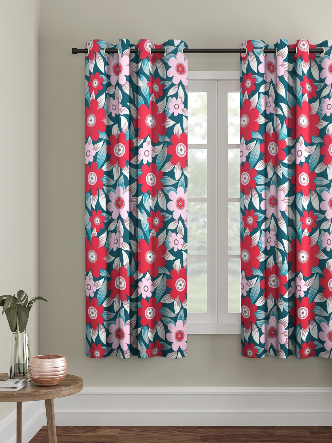 Cortina Teal Green & Red Single Digital Printed Window Curtain