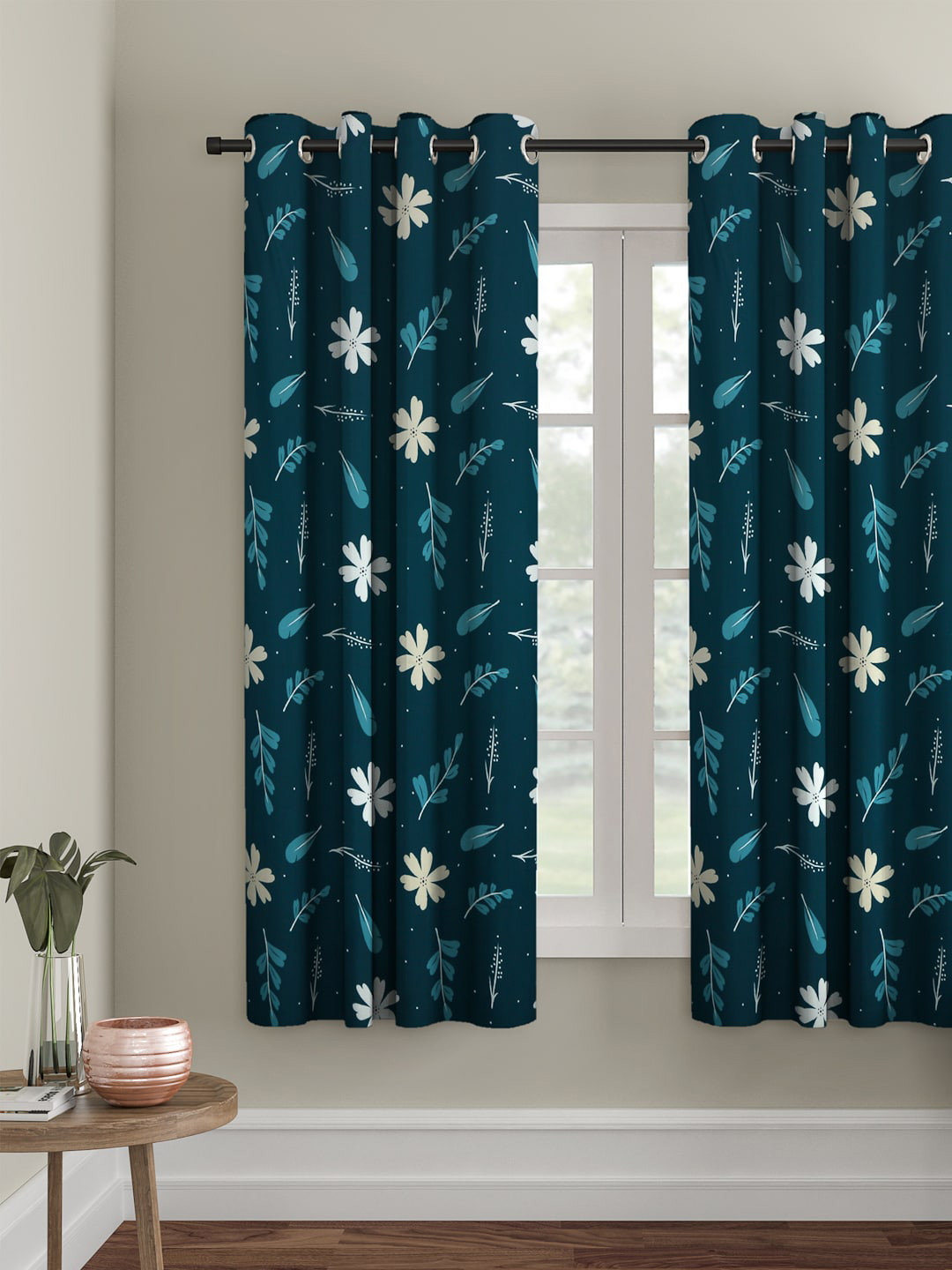 Cortina Teal Green & Off-White Single Printed Window Curtain
