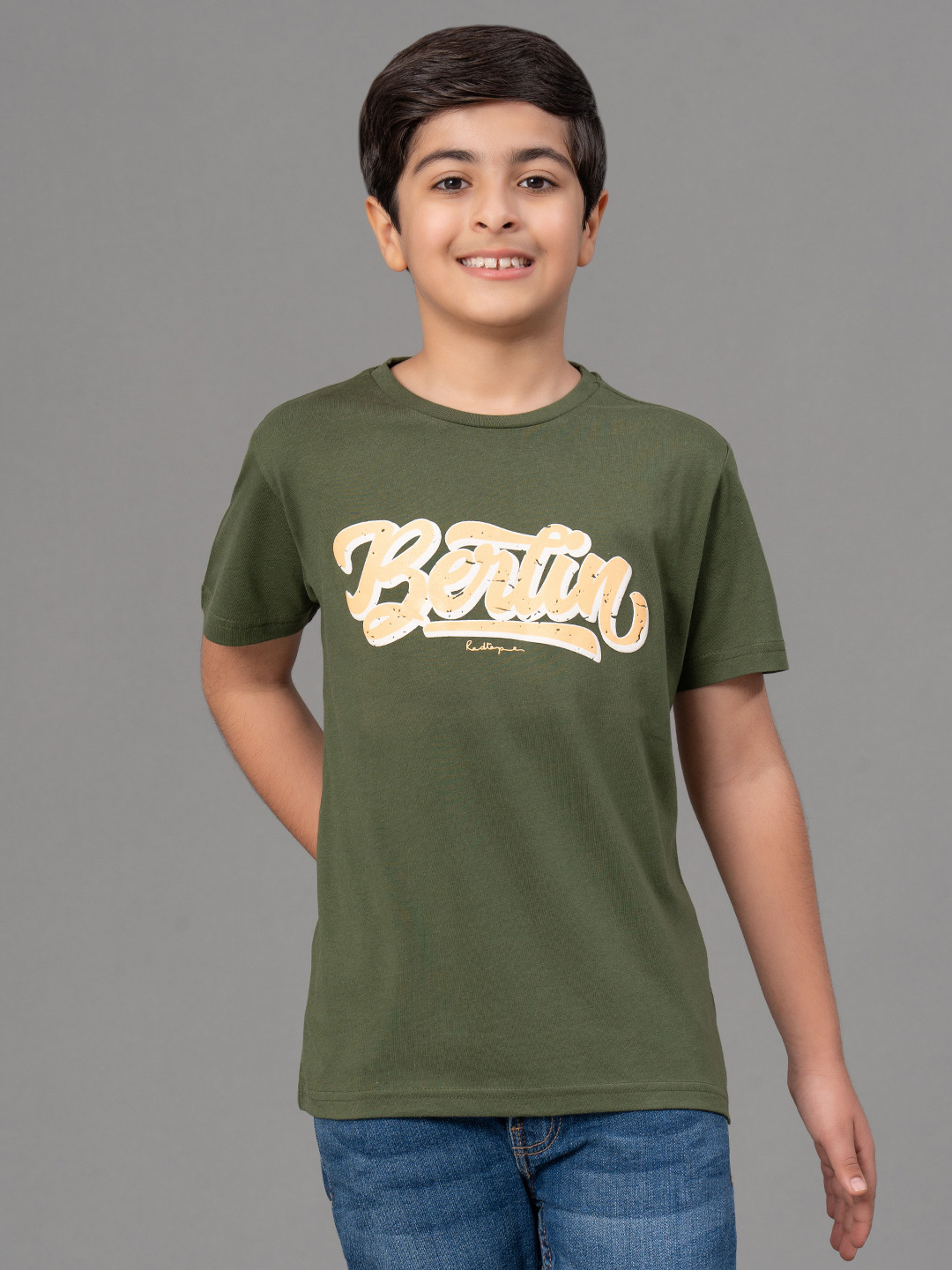 Red Tape Boys Olive Printed Round Neck Cotton T-shirt