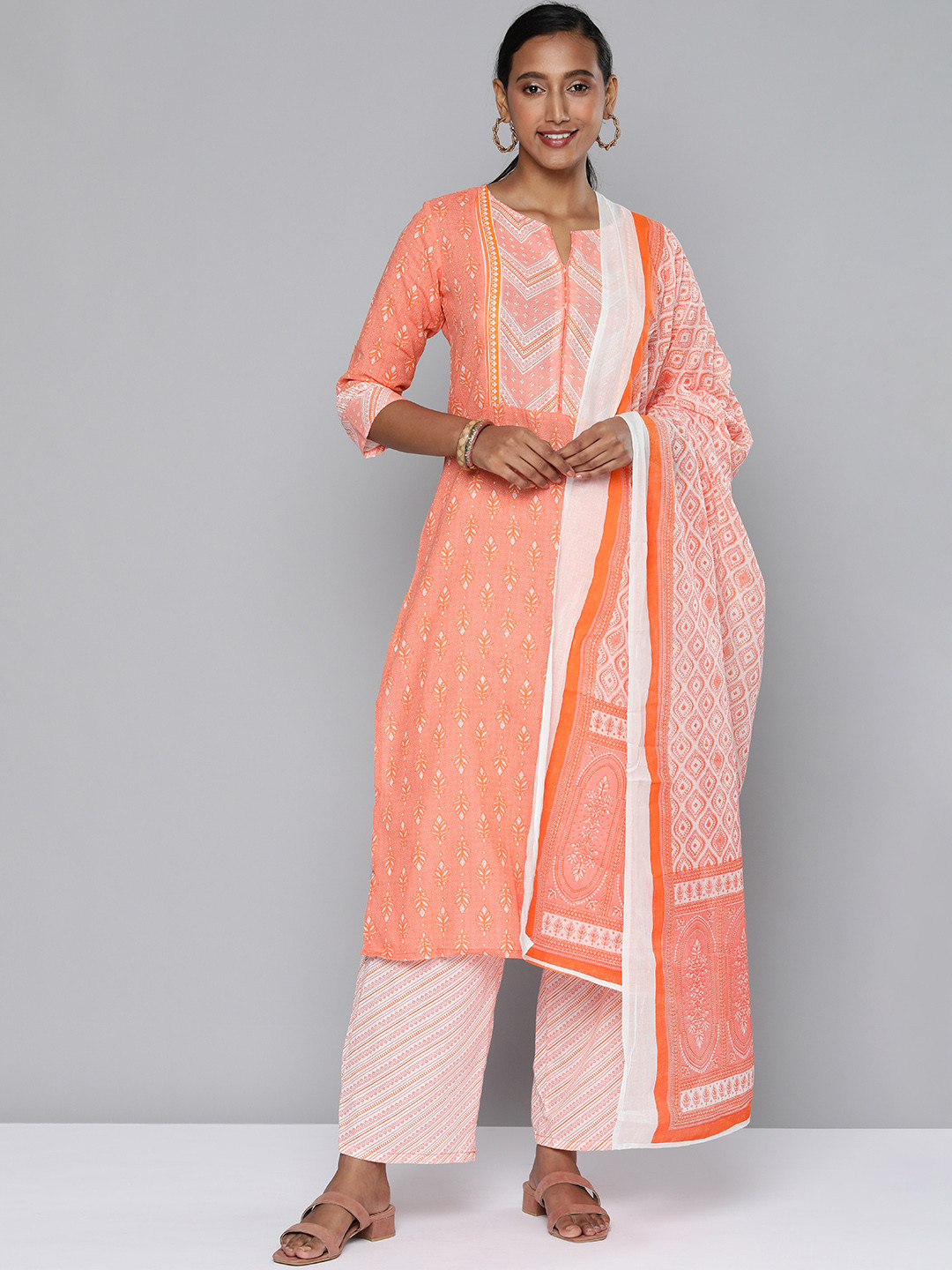 Vishudh Women Coral Orange & White Printed Kurta with Palazzos & Dupatta