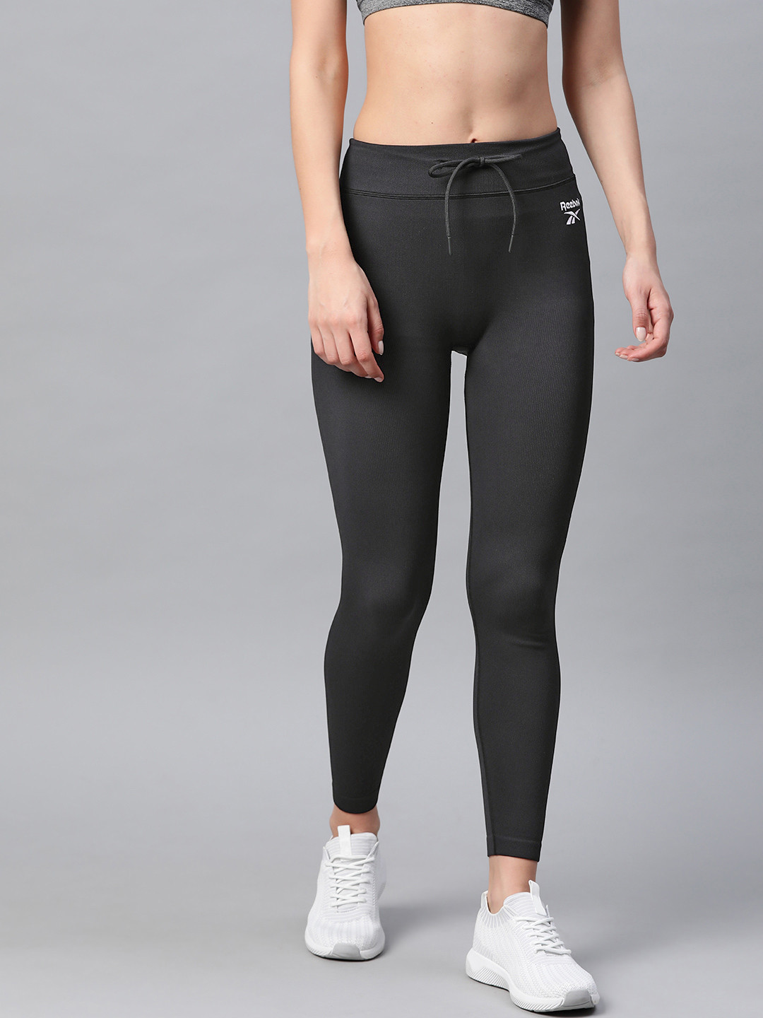 Reebok Classic Women Black Solid Wardrobe Essentials Ribbed Tights