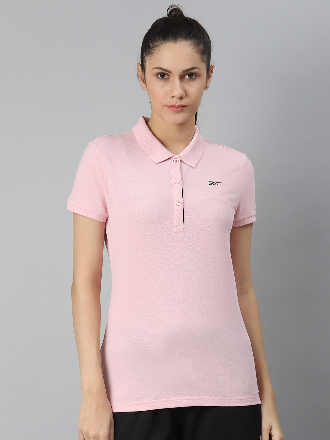Reebok Women Pink Foundation Solid Polo Collar Training T-shirt