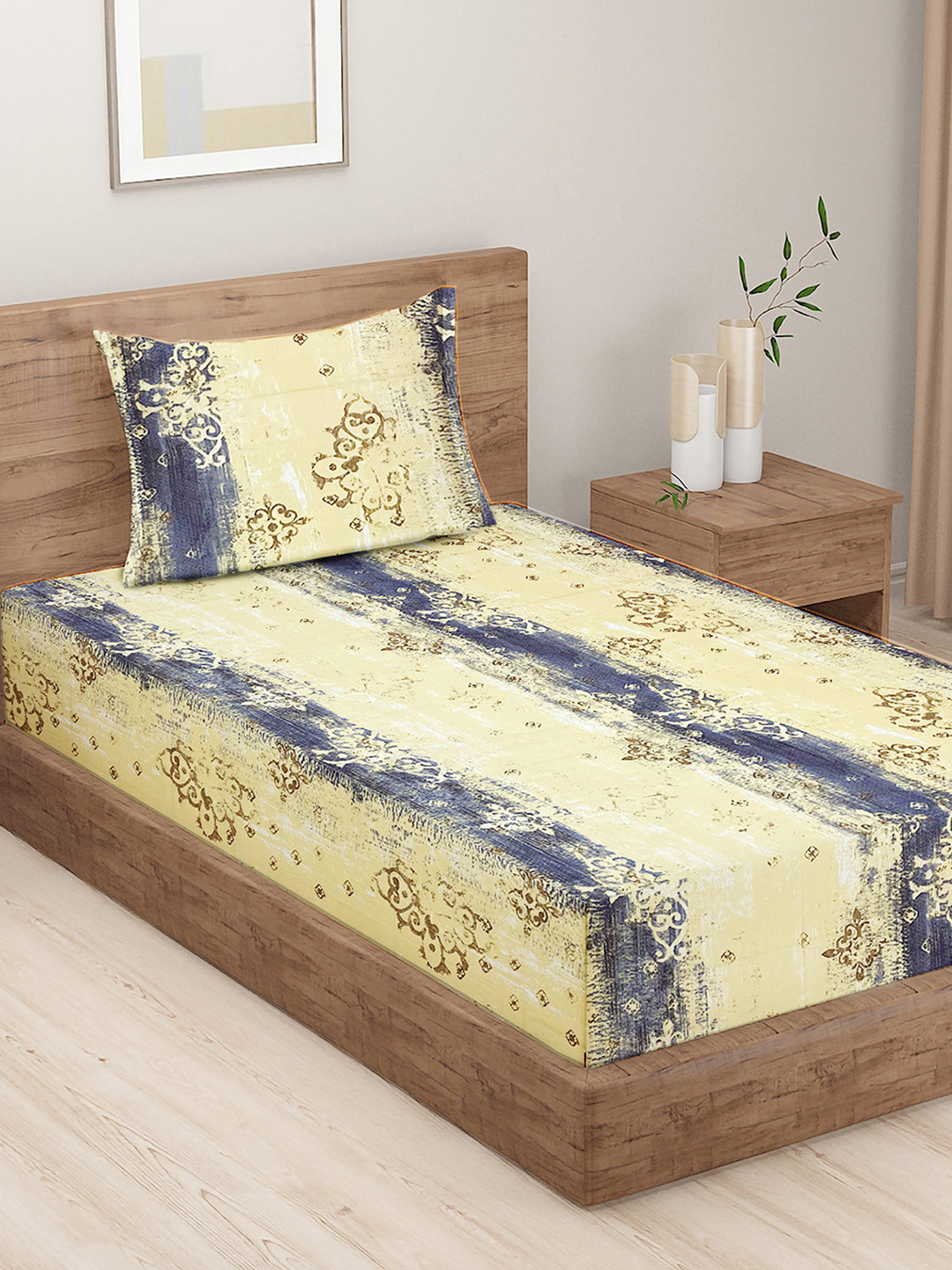 SWAYAM Yellow Abstract Cotton 160 TC Single Bedsheet with a Pillow Cover-90 x 59 inches