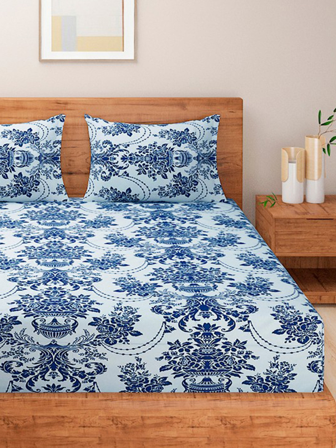 SWAYAM Rihan Blue Floral Cotton 144 TC King Bedsheet with 2 Pillow Covers-108 x 108 inches