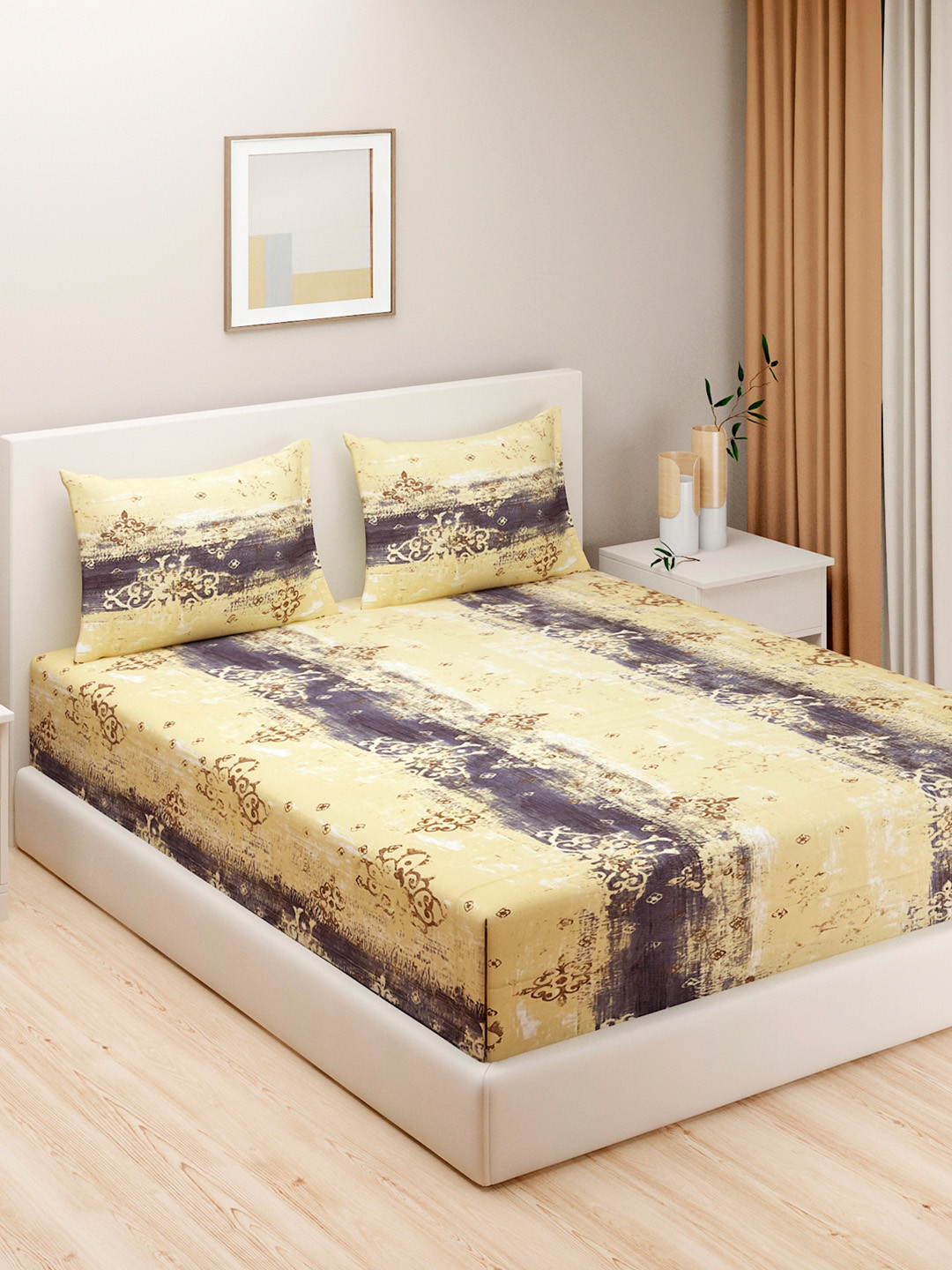 SWAYAM Yellow Abstract Cotton 160 TC Fitted Queen Bedsheet with 2 Pillow Covers-180 x 90 x 30 cm