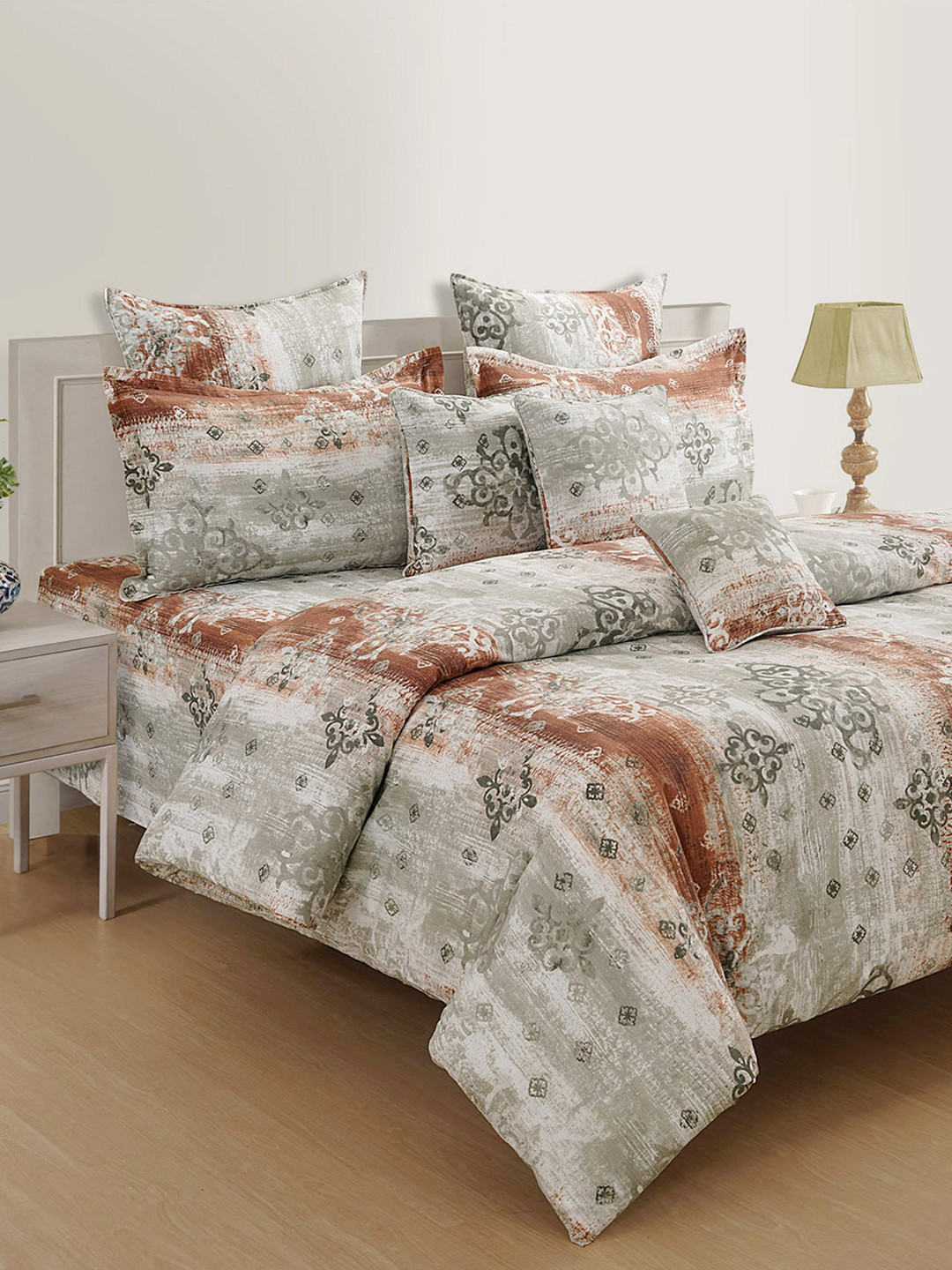 SWAYAM Brown Ethnic Motifs Cotton 160 TC Fitted Queen Superfine Bedsheet with 2 Pillow Covers-32 x 30 x 5 cm