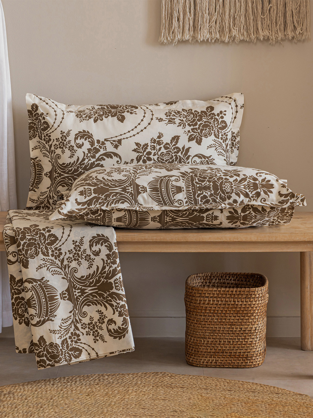 SWAYAM White Ethnic Motifs Cotton 144 TC King Coarse Bedsheet with 2 Pillow Covers-106 x 87 inches