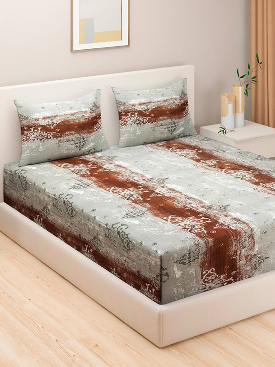 SWAYAM Brown Ethnic Motifs Pure Cotton 160 TC King Superfine Bedsheet with 2 Pillow Covers-106 x 106 inches