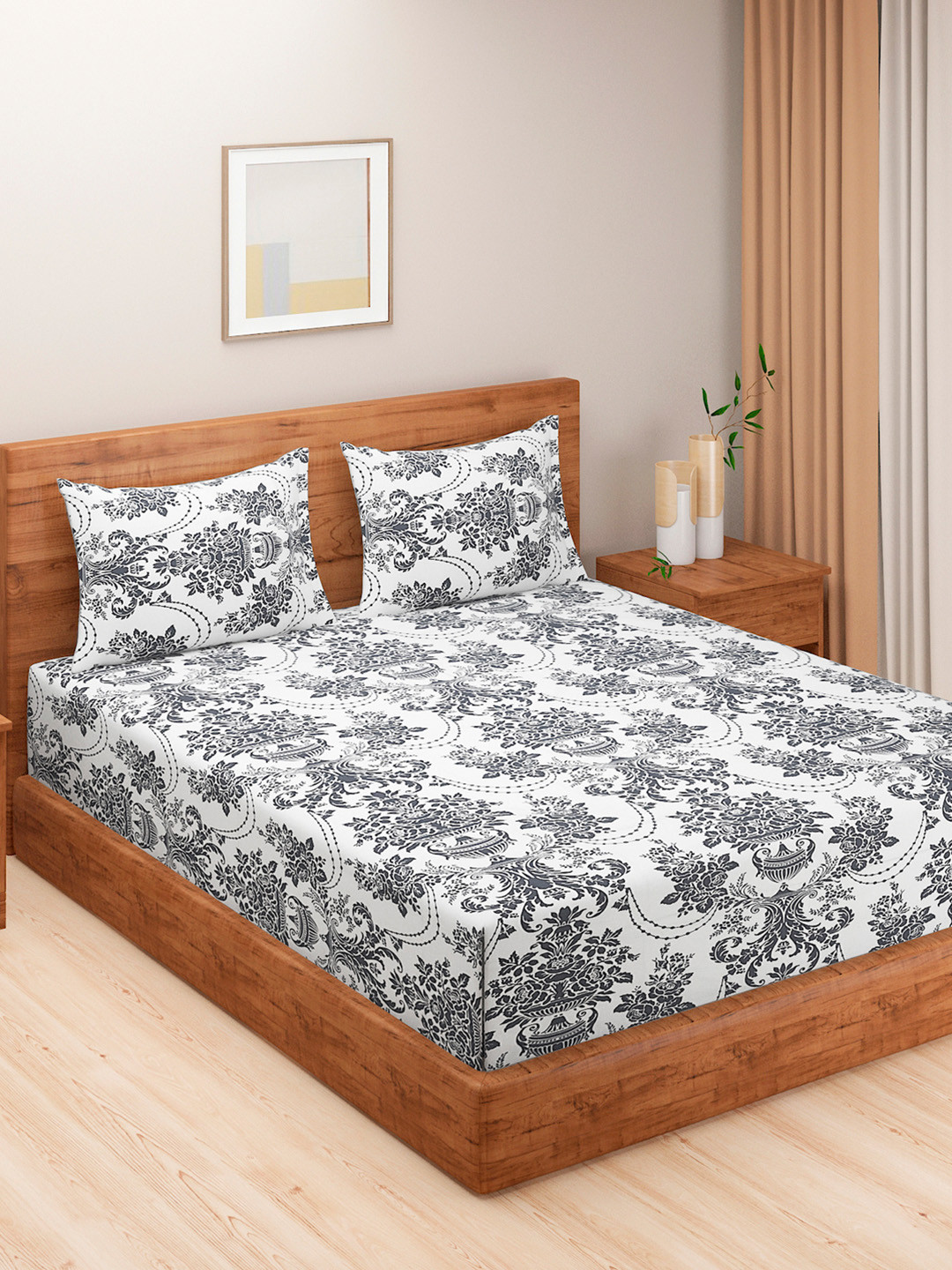 SWAYAM Grey Ethnic Motifs Cotton 144 TC Fitted Queen Superfine Bedsheet with 2 Pillow Covers-198 x 182 cm
