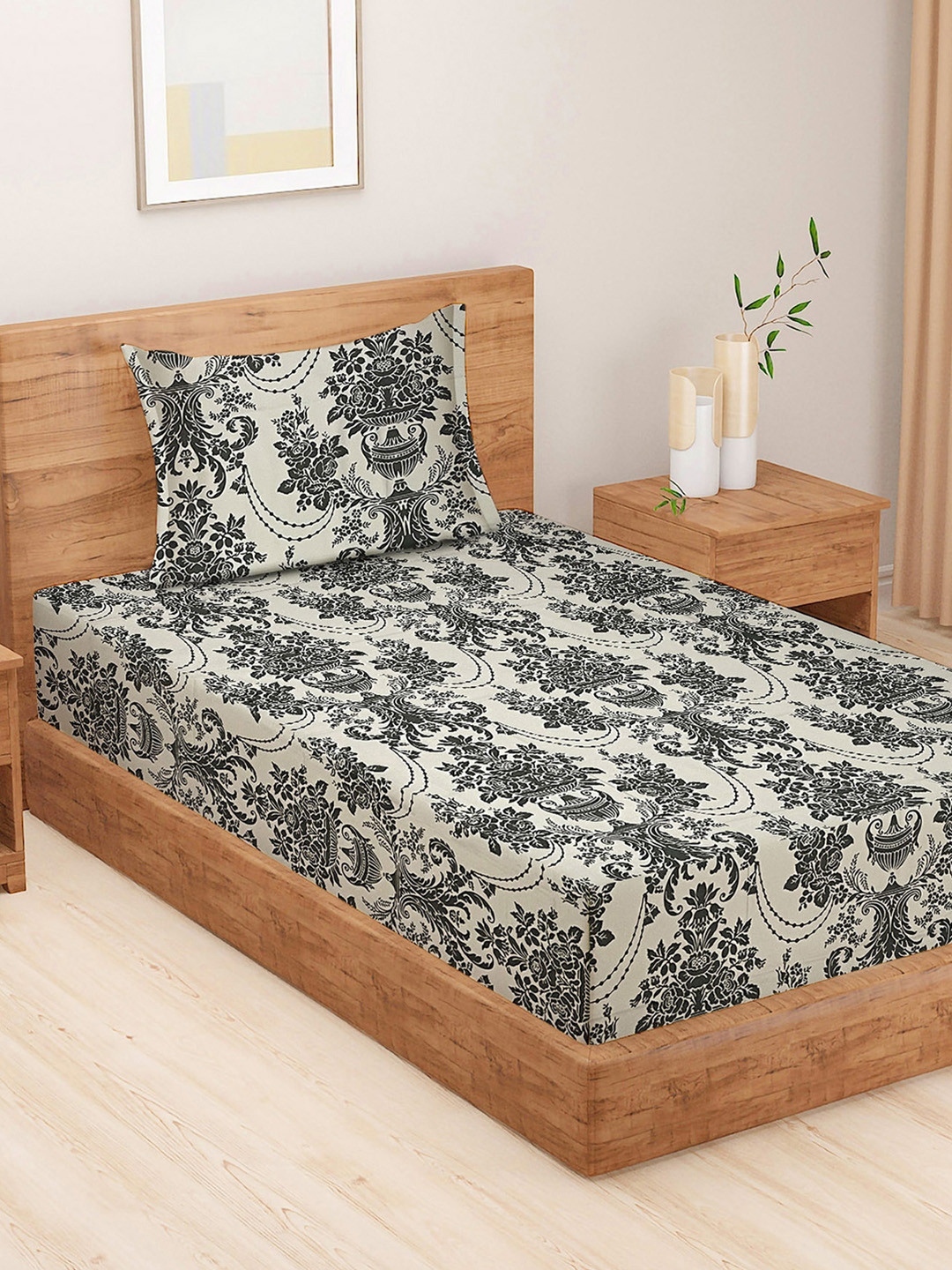 SWAYAM Grey Floral Cotton 144 TC Single Bedsheet with a Pillow Cover-89 x 59 inches