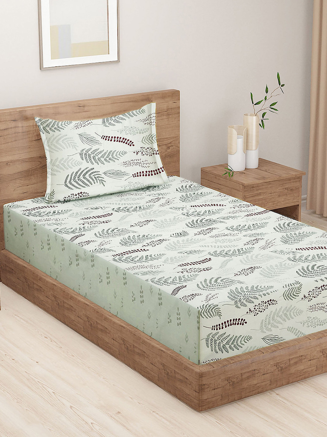 SWAYAM Grey Leaf Cotton 160 TC Single Superfine Bedsheet with a Pillow Cover-59 x 89 inches