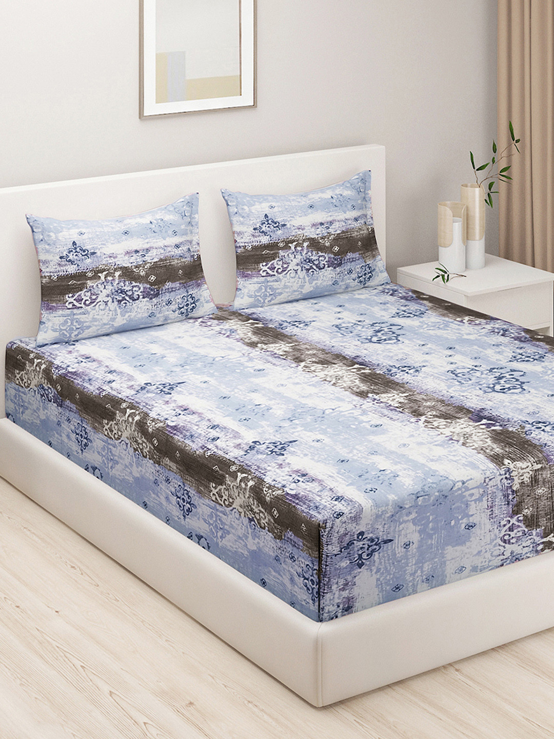 SWAYAM Rajasthani Jaipuri Traditional Blue Ethnic Motifs Cotton 160 TC Fitted Queen Superfine Bedsheet with 2 Pillow Covers-80 x 190 cm