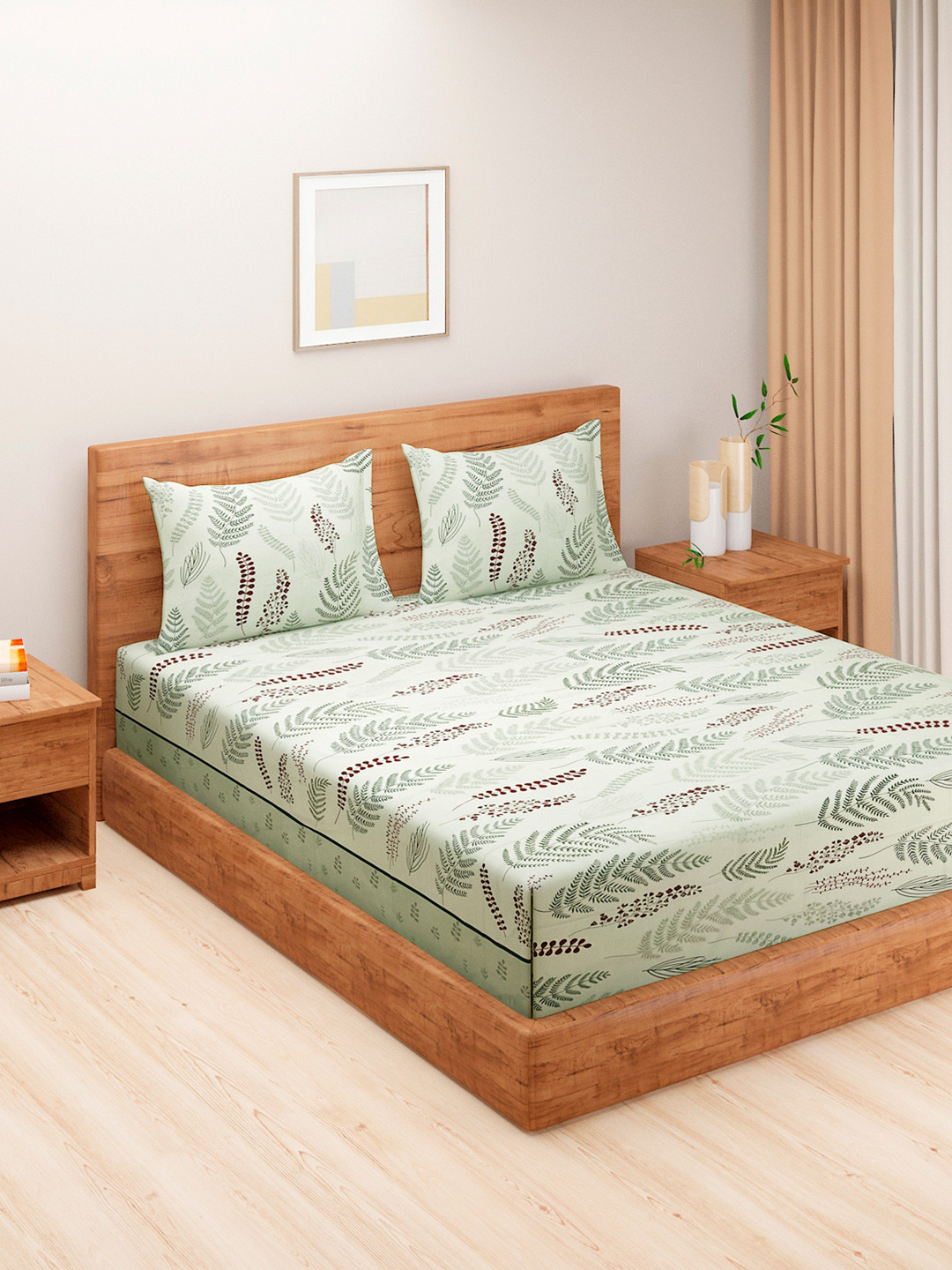 SWAYAM Grey Leaf Pure Cotton 160 TC Fitted Queen Superfine Bedsheet with 2 Pillow Covers-71 x 75 inches