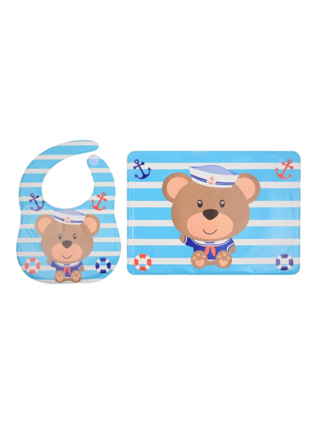 Yellow Bee Kids Set Of 2 Blue & White Bear Print Feeding Bib With Mat