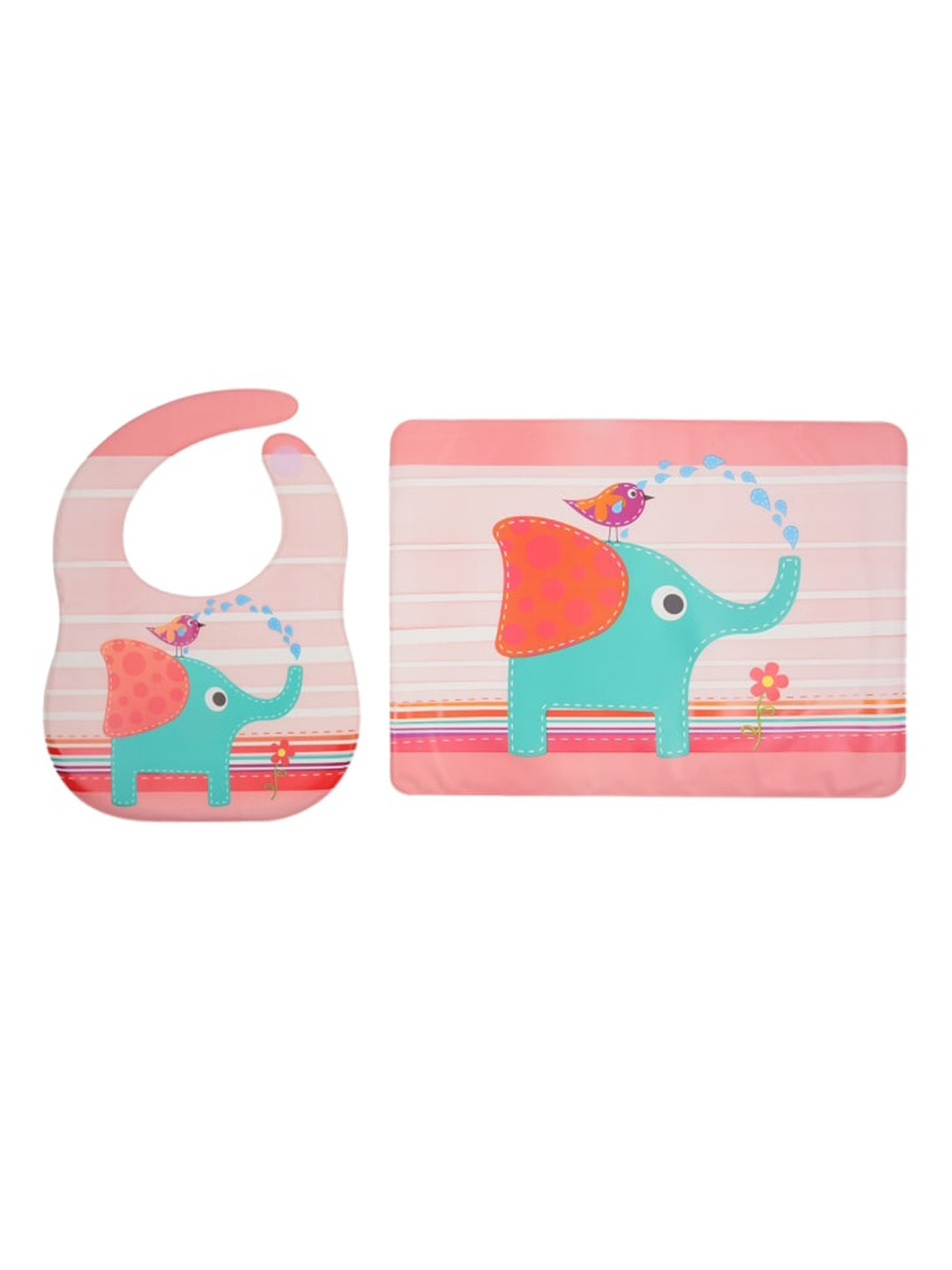 Yellow Bee Girls Pink & Blue Elephant Printed Feeding Bib With Mat