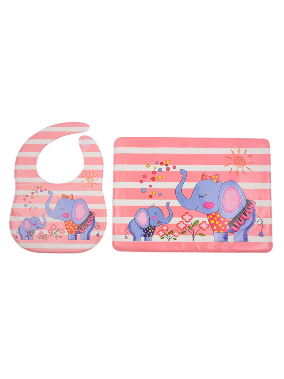 Yellow Bee Girls Pink & White Elephant Printed Feeding Bib With Mat