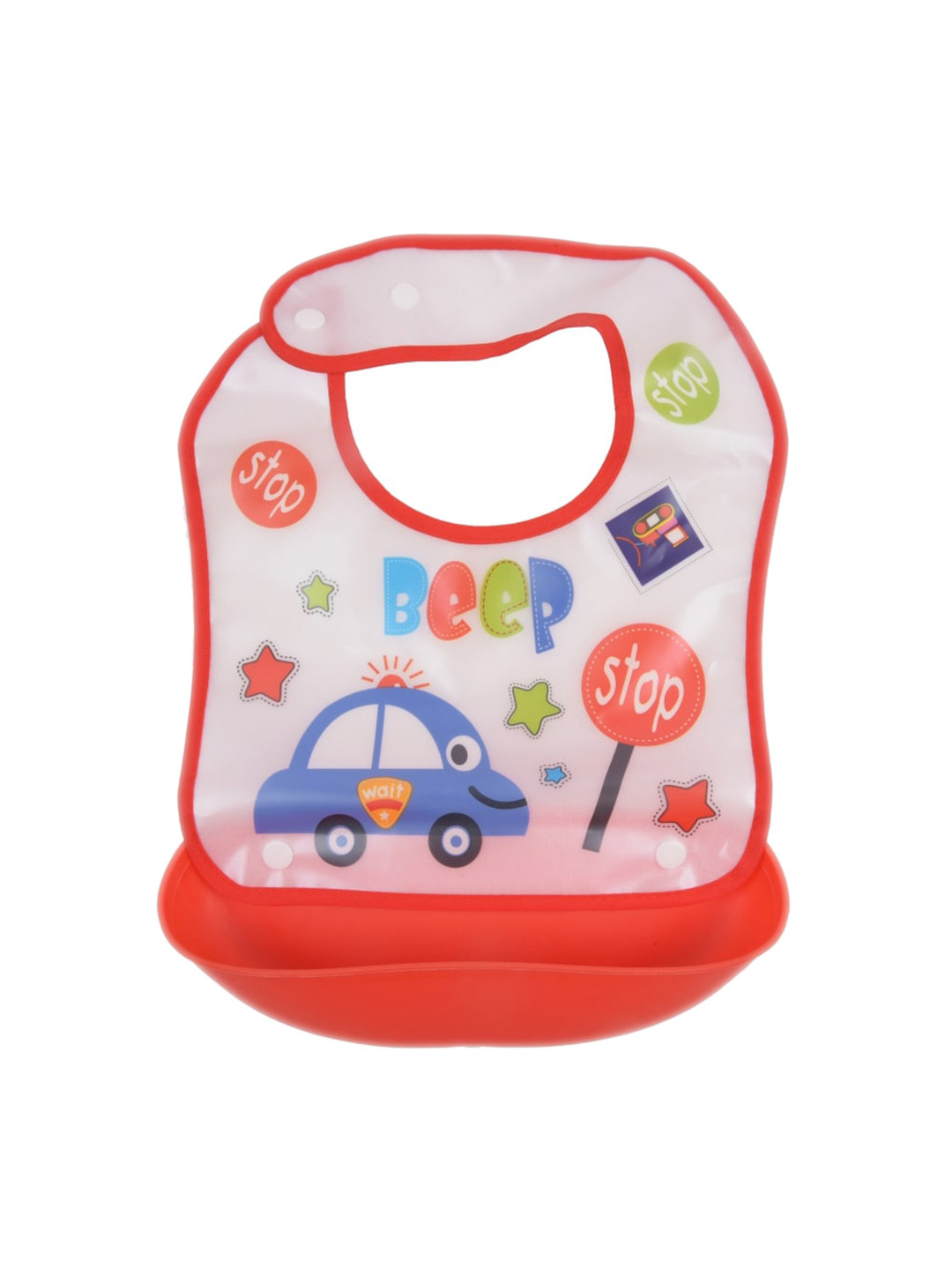 Yellow Bee Kids Red & Off-White Printed Bib With Crumb Collector