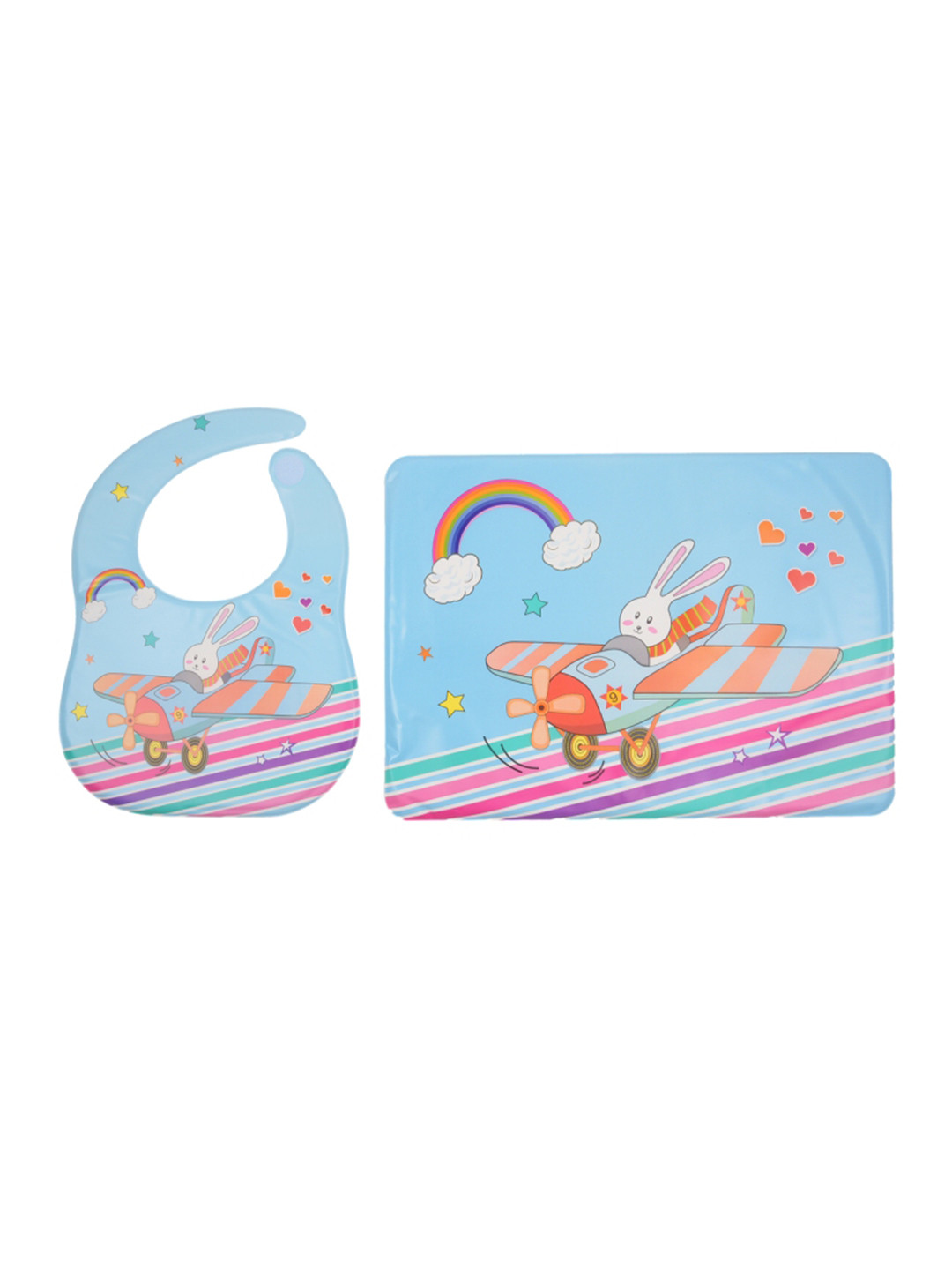 Yellow Bee Infant Kids Set of 3 Blue & Pink Feeding Bib With Mat Printed Bibs