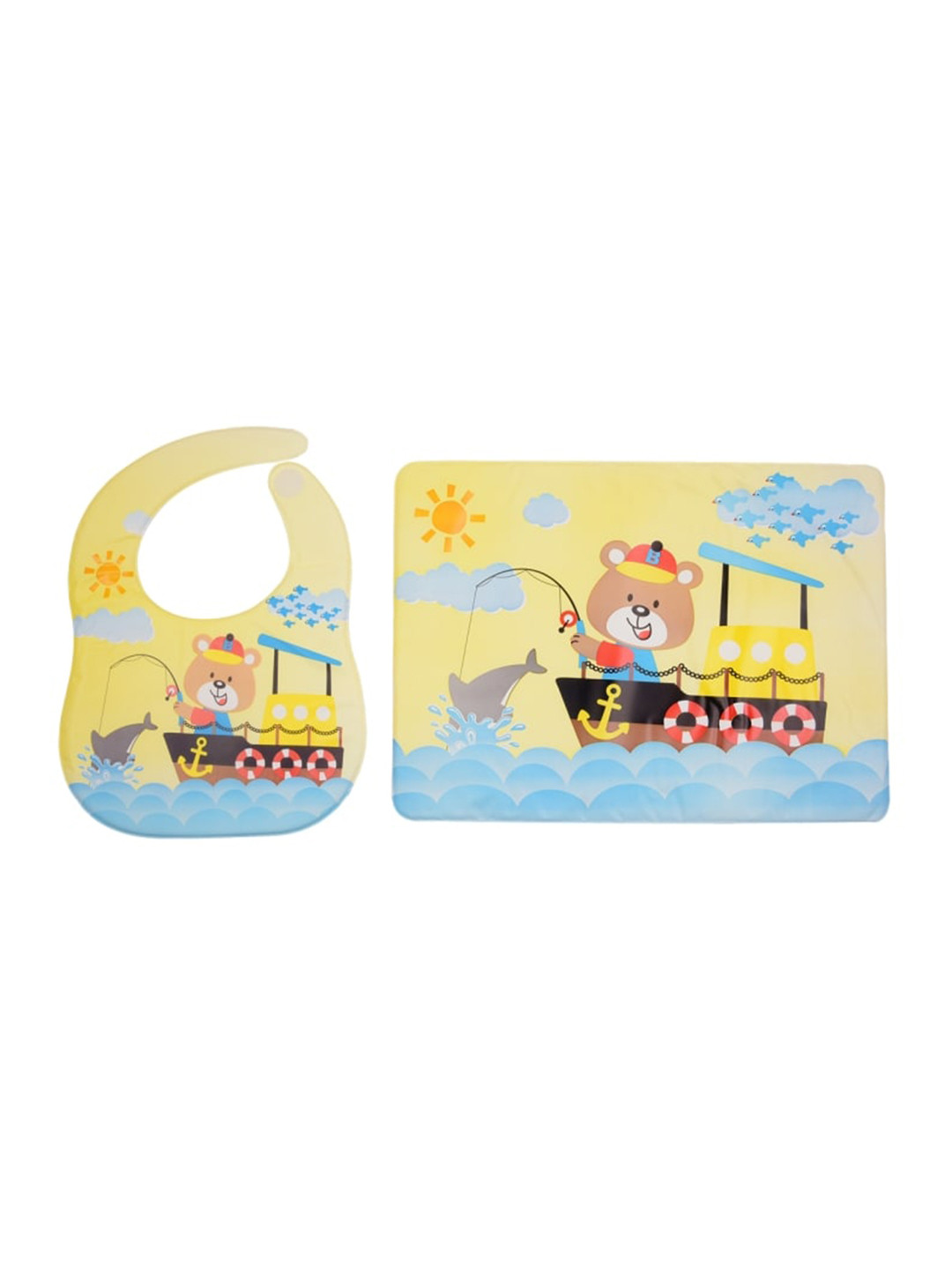 Yellow Bee Infant Kids Yellow & Blue Printed Feeding Bib With Mat
