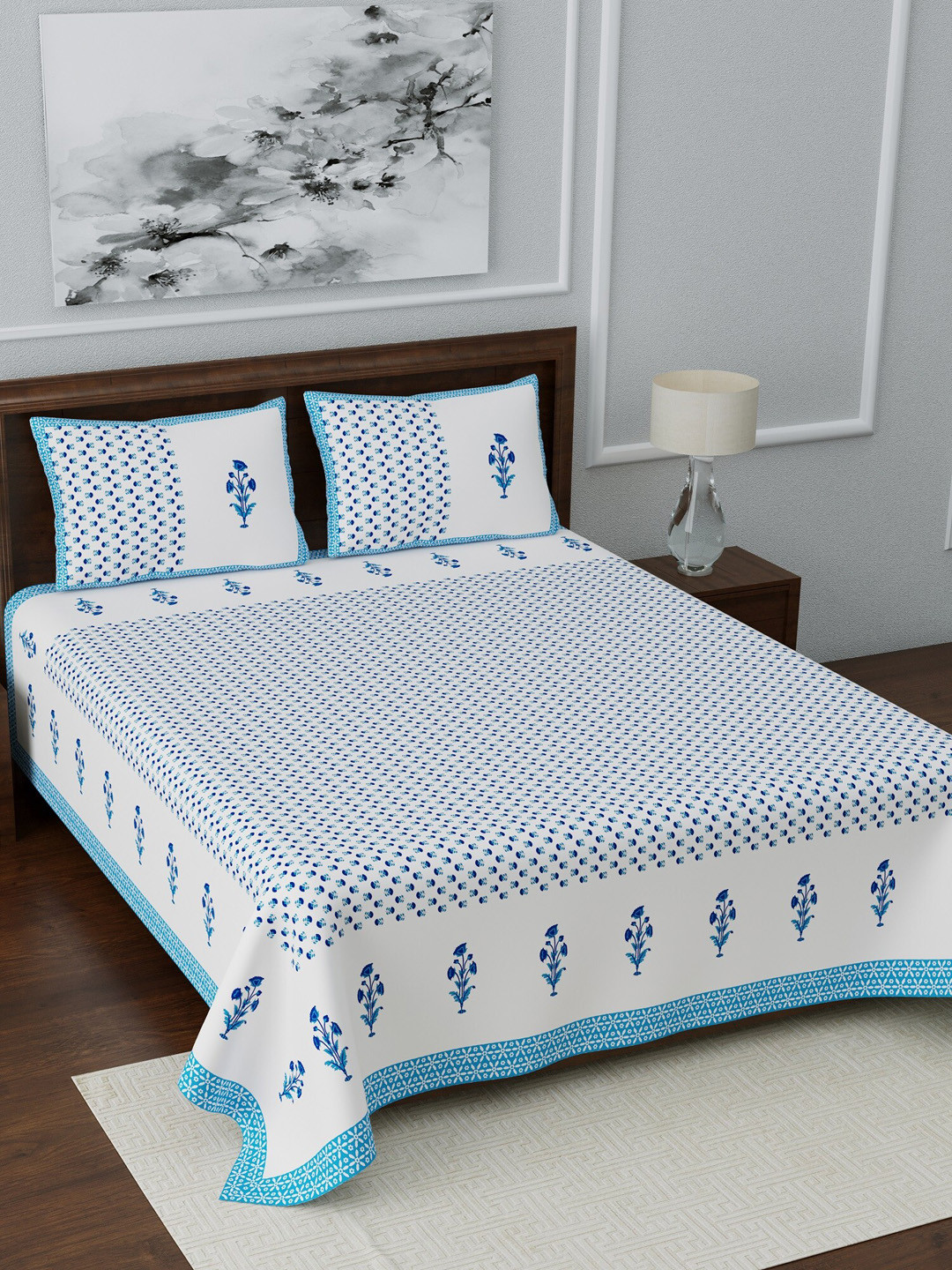LIVING ROOTS Jaipuri Blue Floral Pure Cotton Breathable 210 TC King Fine Bedsheet with 2 Pillow Covers-90 x 103 inches