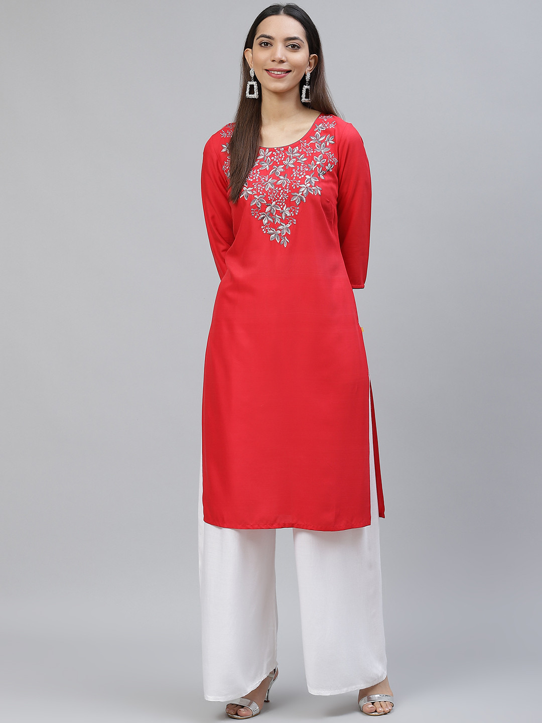 AURELIA Women Red Floral Thread Work Straight Kurta