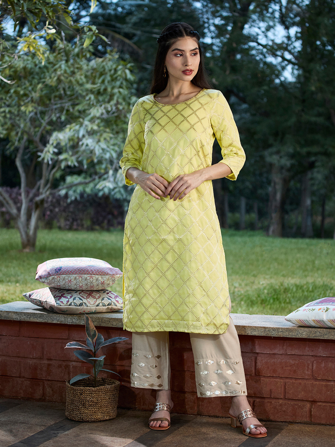 AURELIA Women Lime Green Checked Printed Kurta