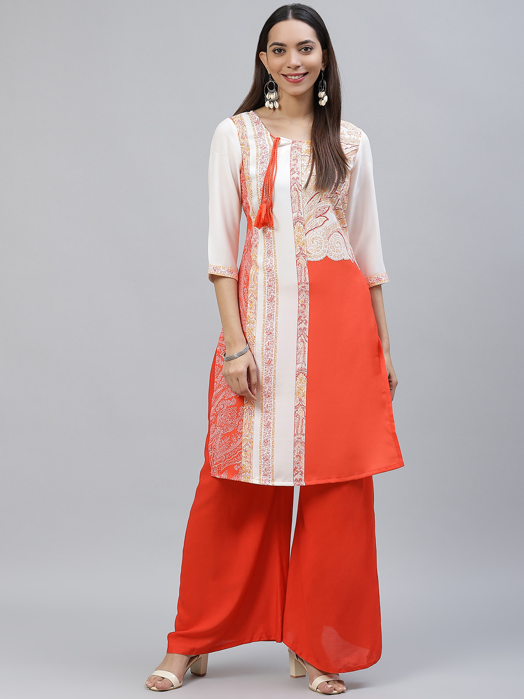 AURELIA Women Red & White Ethnic Motif Printed Straight Kurta