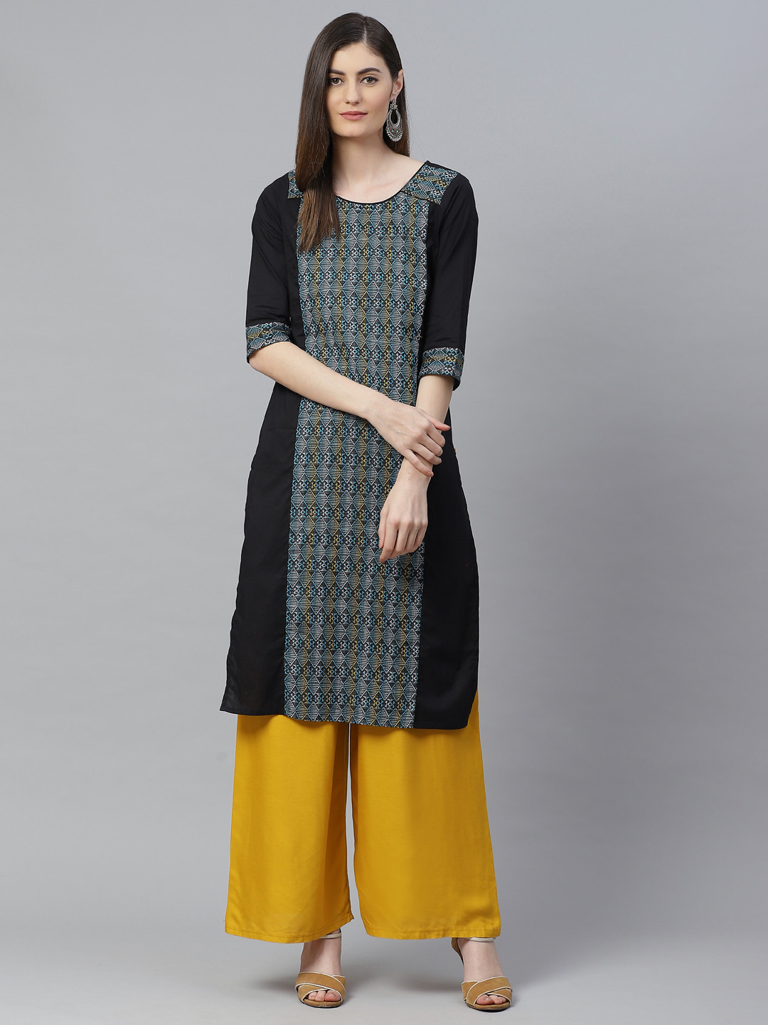 AURELIA Women Black & Blue Geometric Kurta