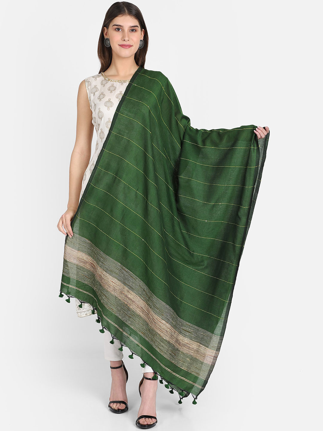 THE WEAVE TRAVELLER Women Green Striped Dupatta