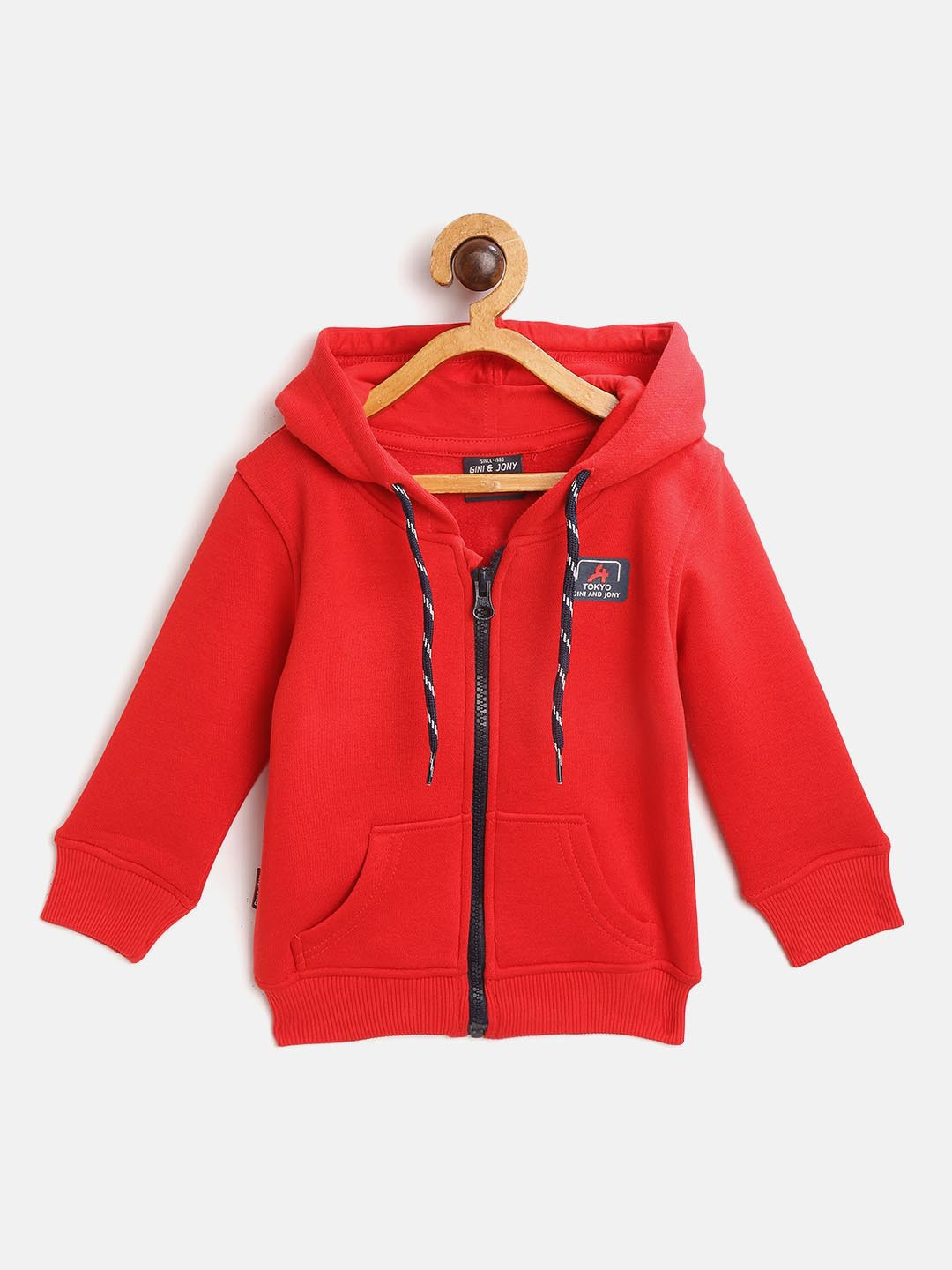 Gini and Jony Infant Boys Red Cotton Hooded Sweatshirt with Printed Back