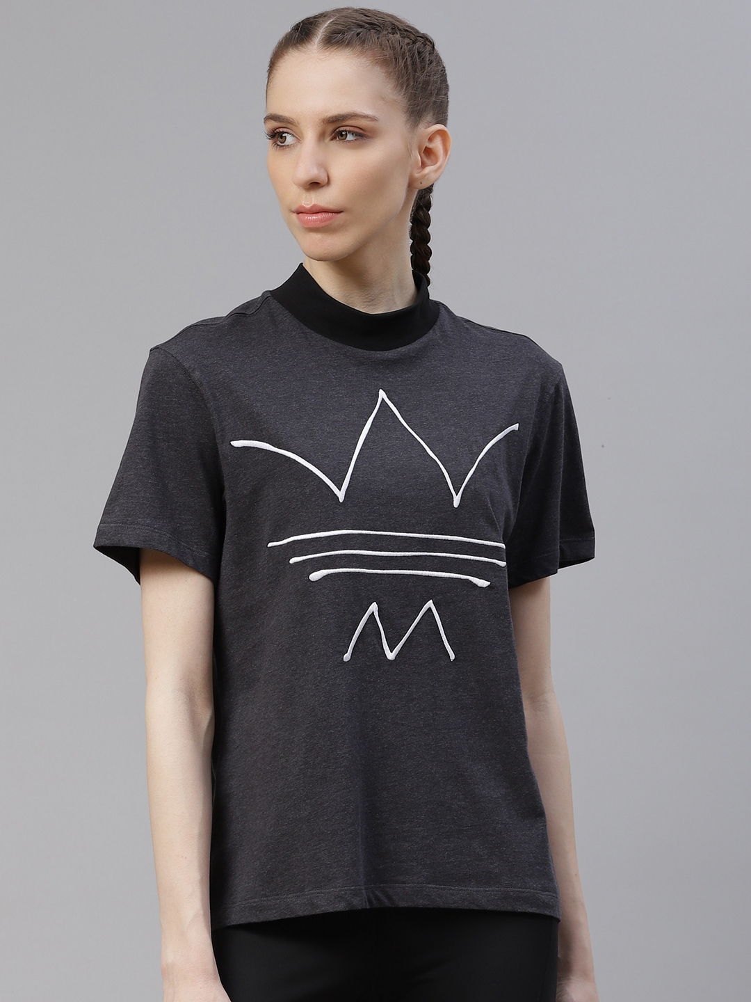 ADIDAS Originals Women Charcoal Grey Printed Round Neck Loose Pure Cotton T shirt