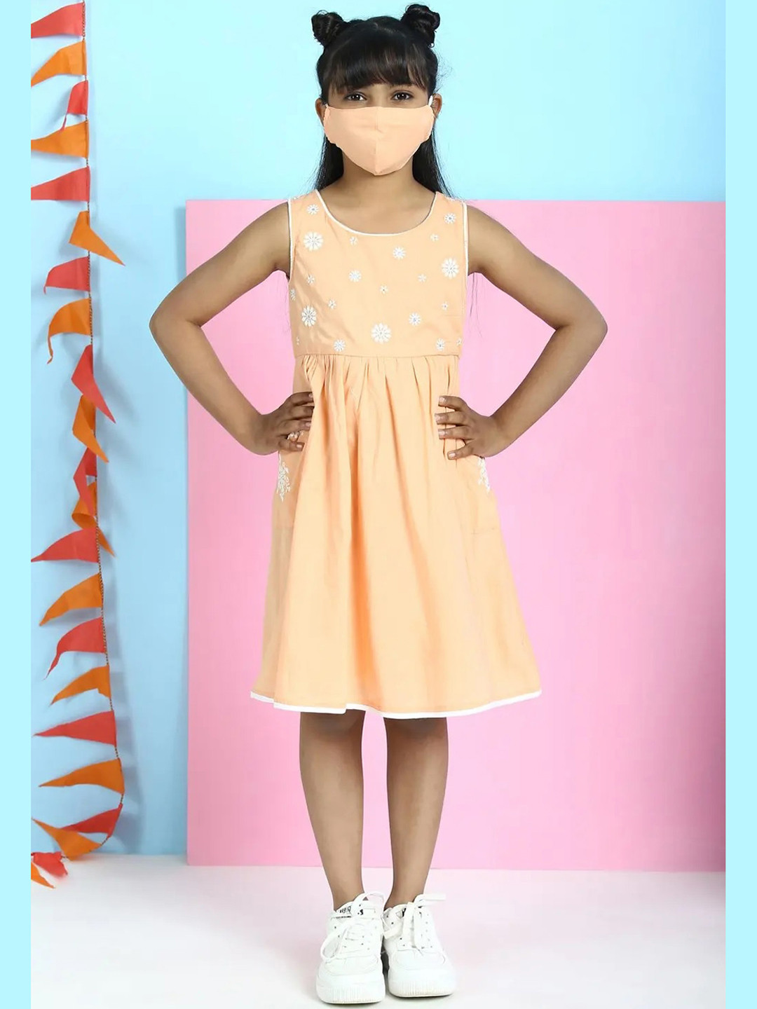 Biba Orange & White Floral Printed Cotton A-Line Dress