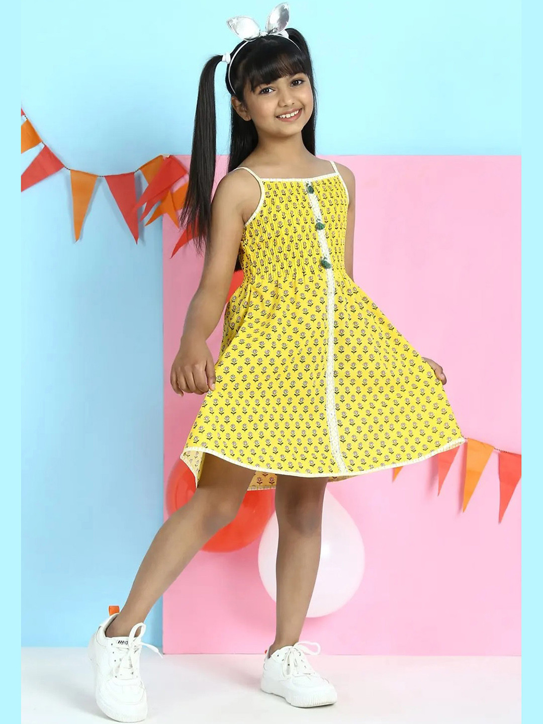 Biba Yellow Floral Printed Cotton A-Line Dress