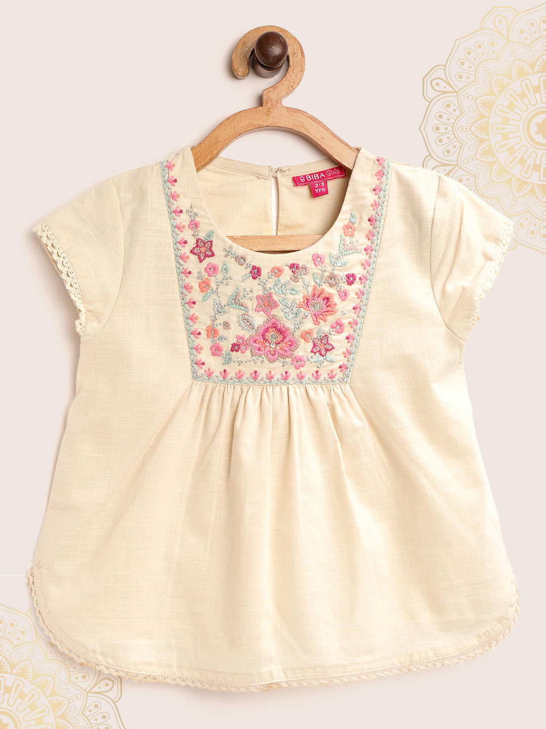 Biba Girls Cream-Coloured & Pink Floral Yoke Embroidery Pure Cotton Top