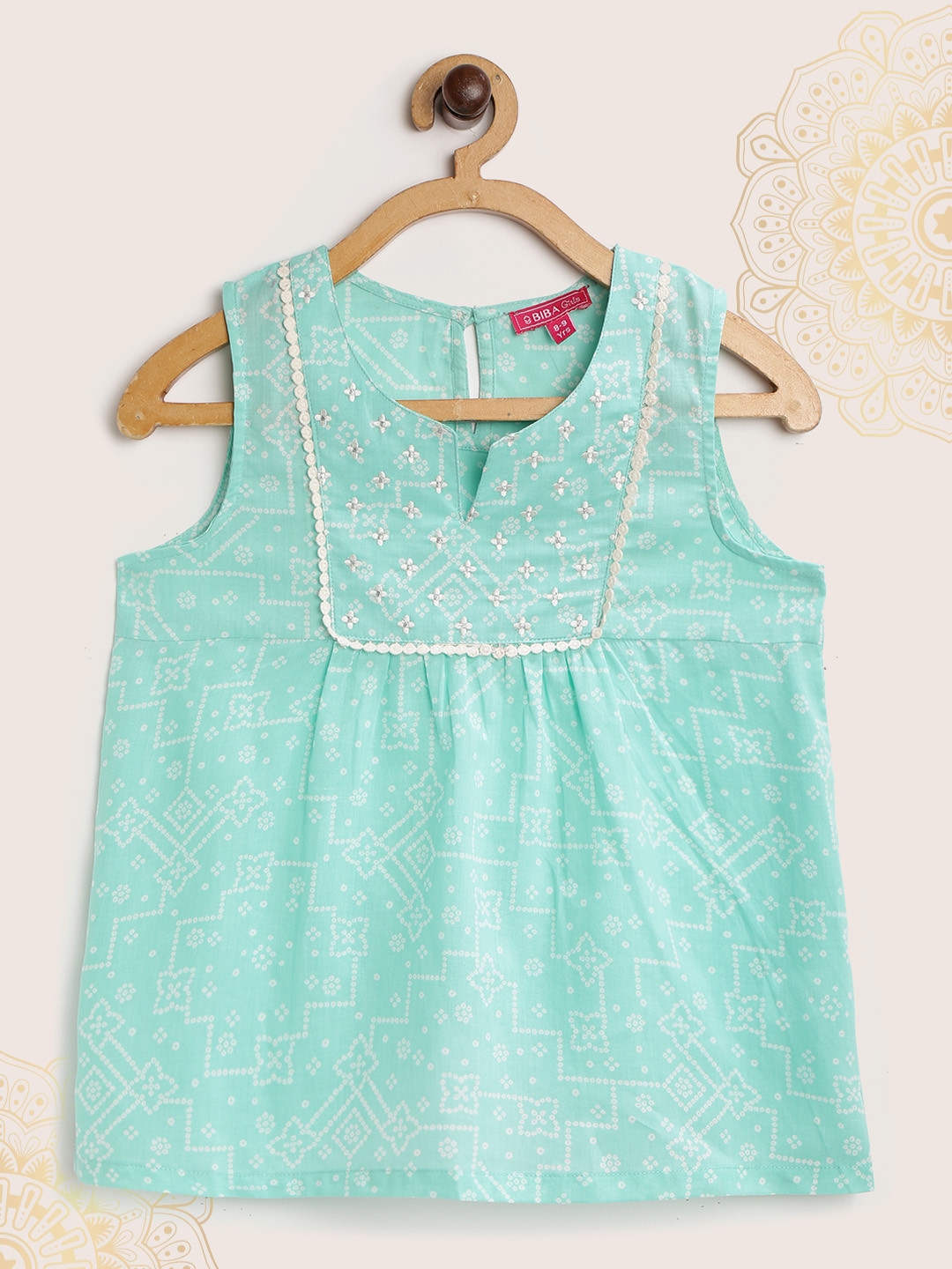 Biba Girls Sea Green & White Bandhani Print Handcrafted Pure Cotton Top