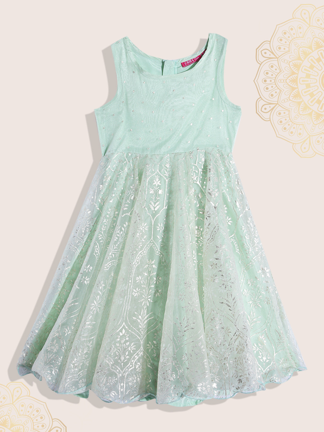 Biba Girls Ethnic Motifs Foil Printed Gathered Detail Maxi Fit & Flare Dress