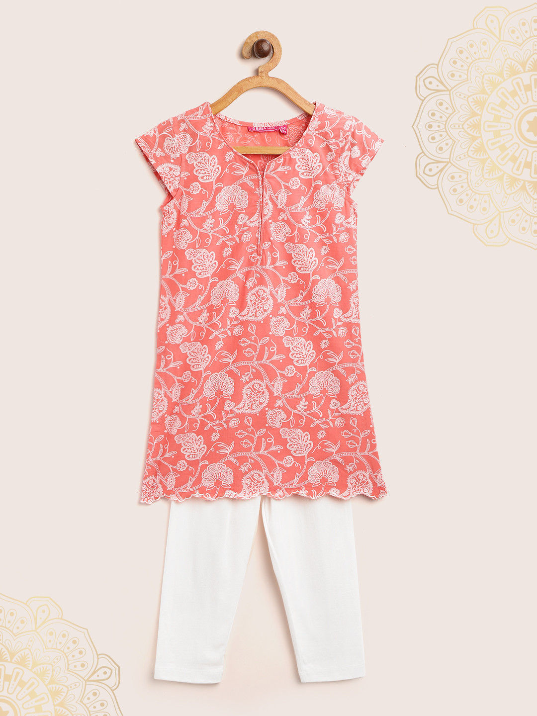 Biba Girls Coral Pink & White Ethnic Printed Kurta with Leggings